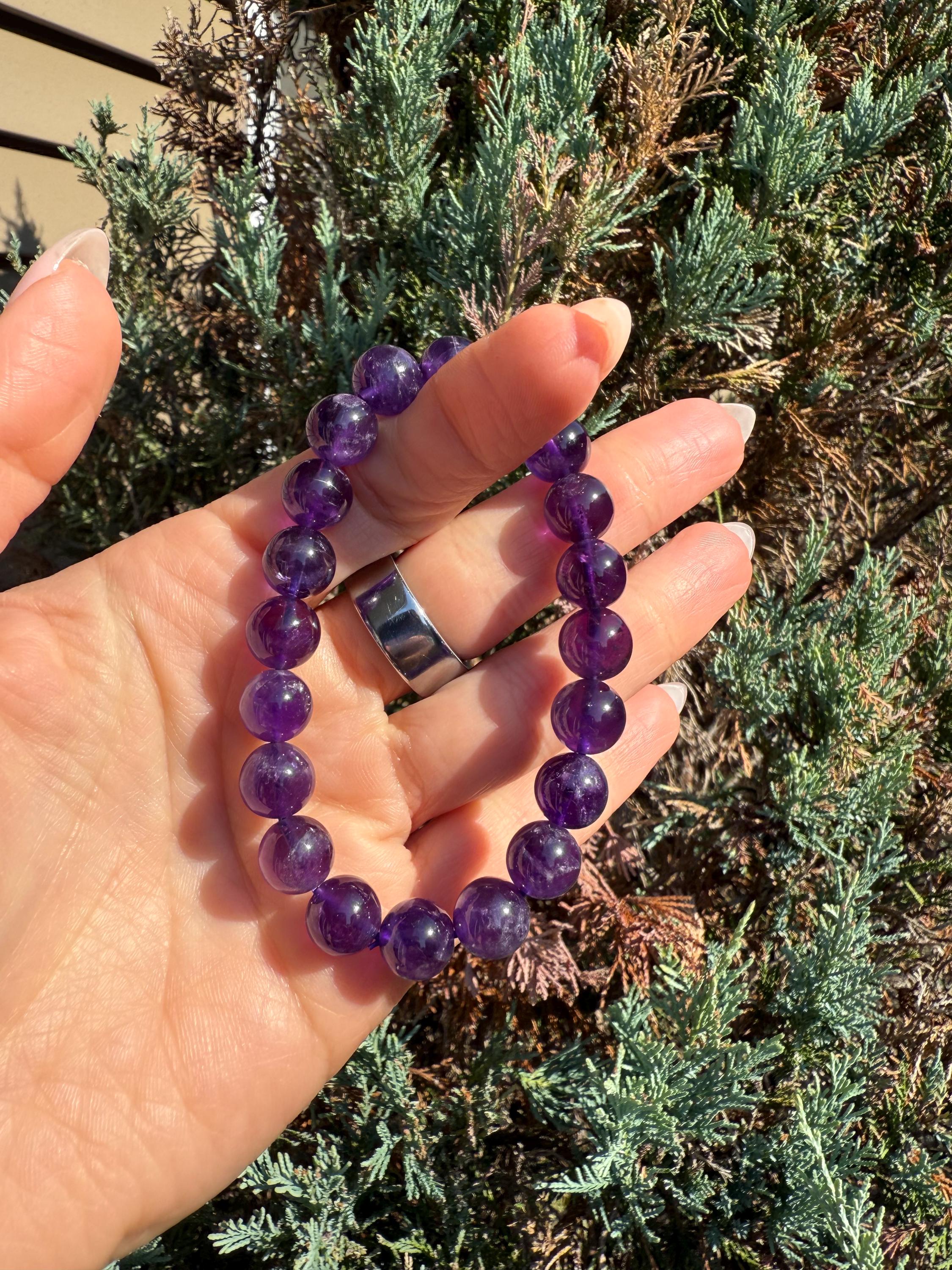 Natural Purple Amethyst 10mm Crystal Stretch Bracelet, Crown Chakra Meditation Jewelry 7