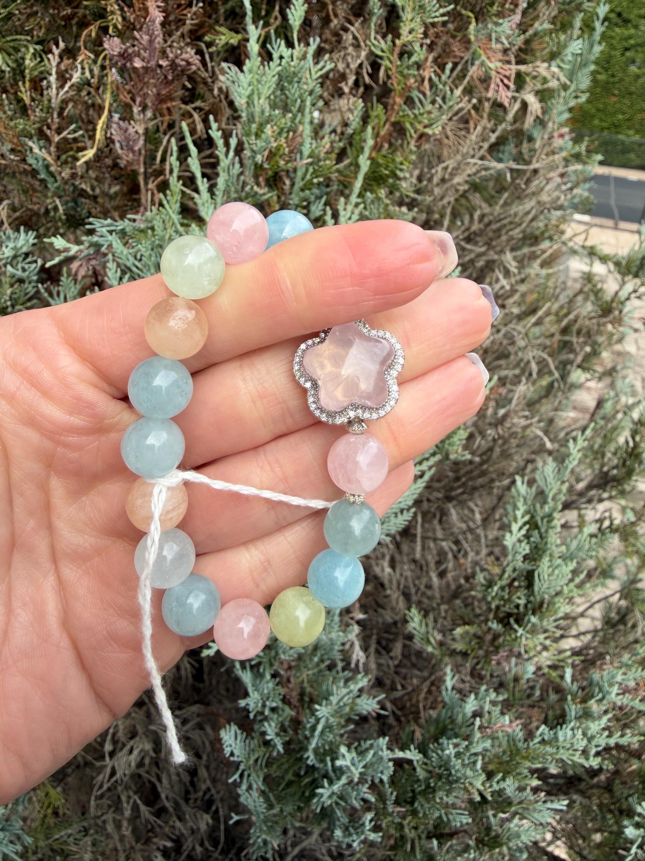 Mixed Beryl Bracelet with Rose Quartz Flower Charm • Aquamarine, Morganite, Heliodor Jewelry 6