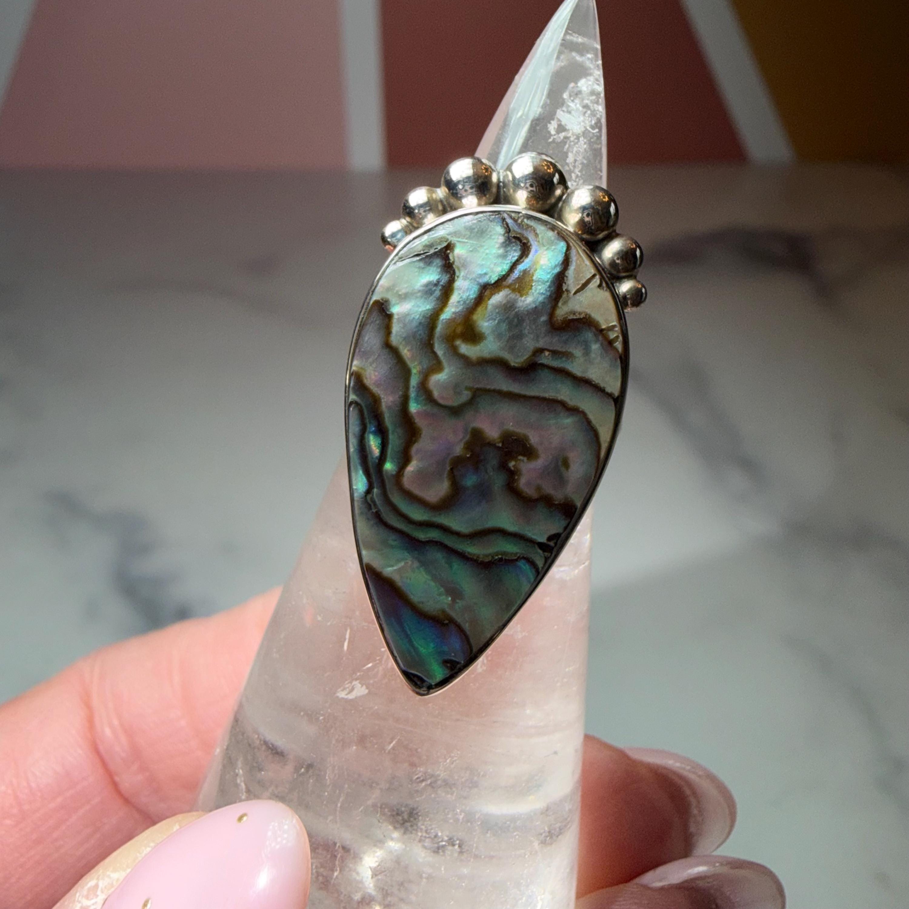Abalone Shell Tear Drop Ring, Sterling Silver Statement Jewelry, Size 6 3