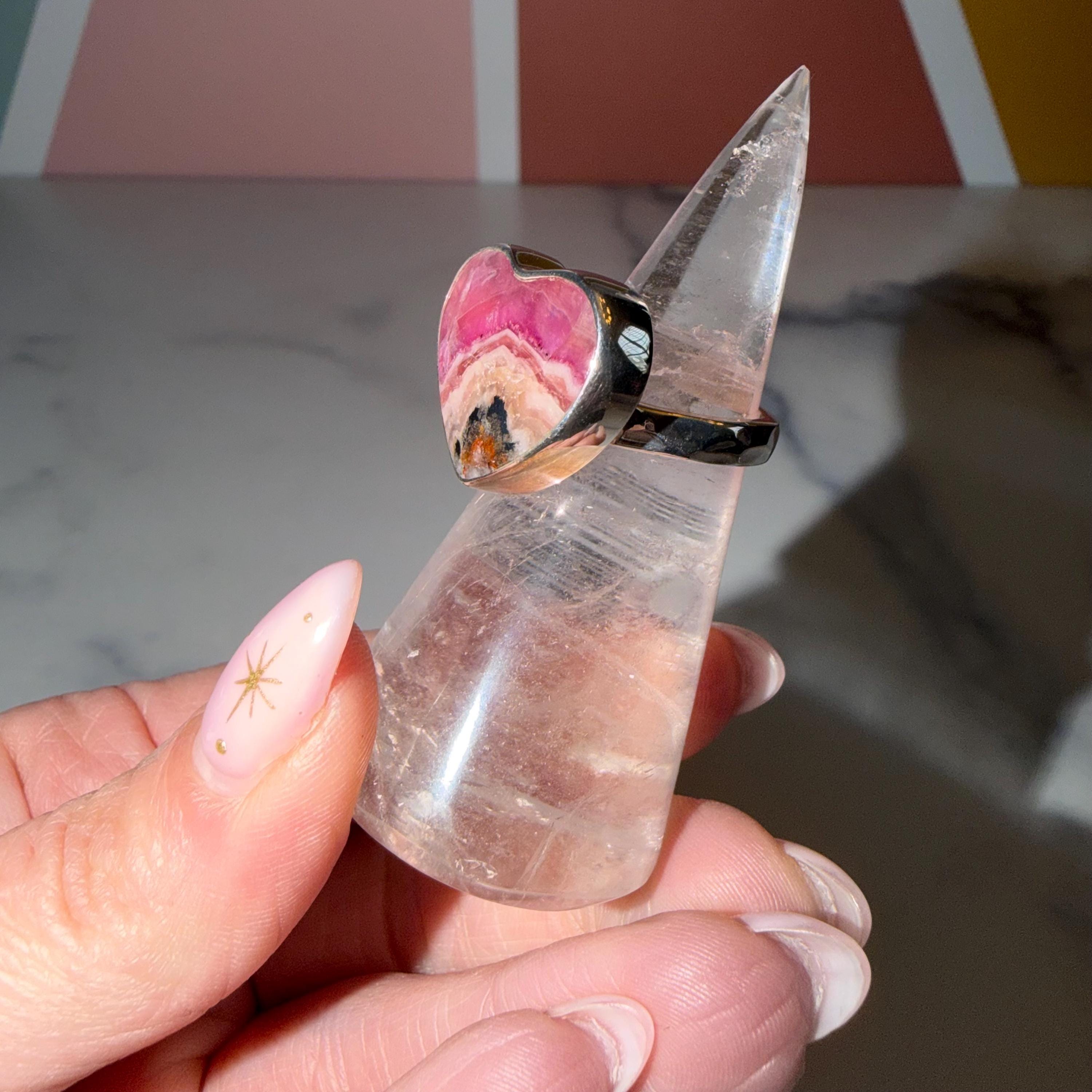Pink Cobalto Calcite Heart Ring • Sterling Silver Hammered Band • Size 7.75 3