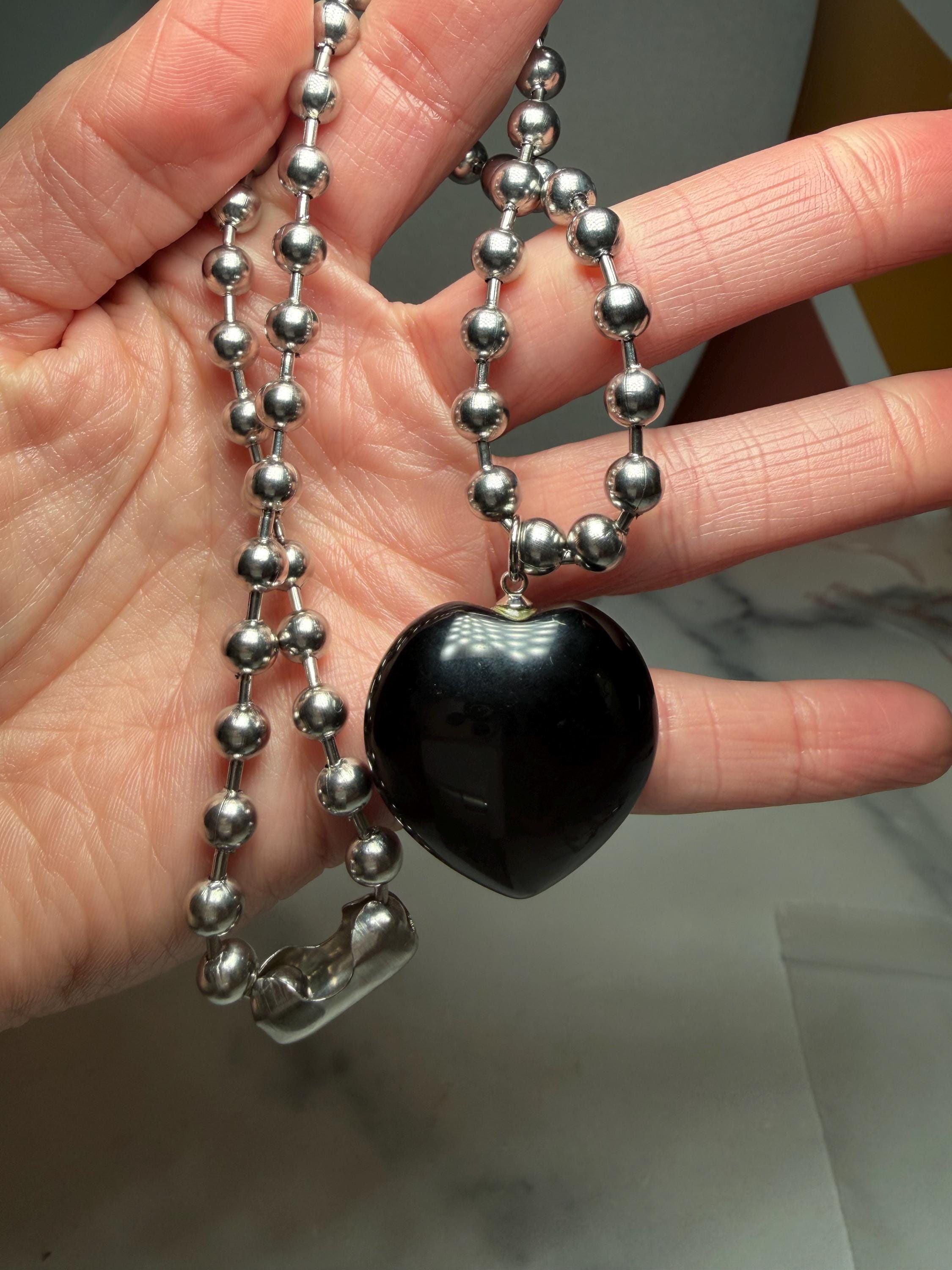 Black Obsidian Heart Necklace, Sterling Silver Ball Chain, 17 Inch Pendant 5