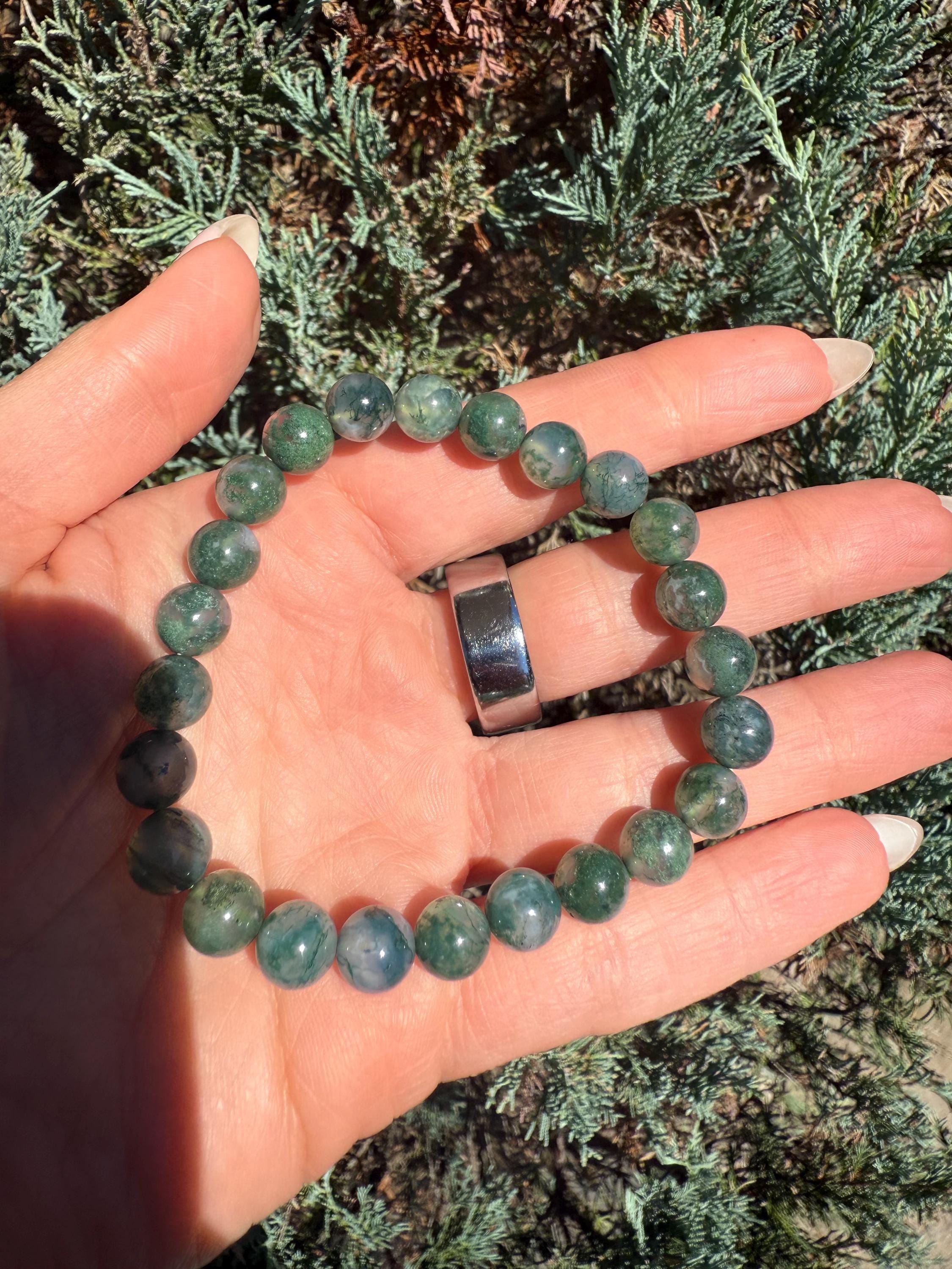 Moss Agate Stretch Beaded Bracelet, Grounding Crystal Healing Jewelry (9mm) 6