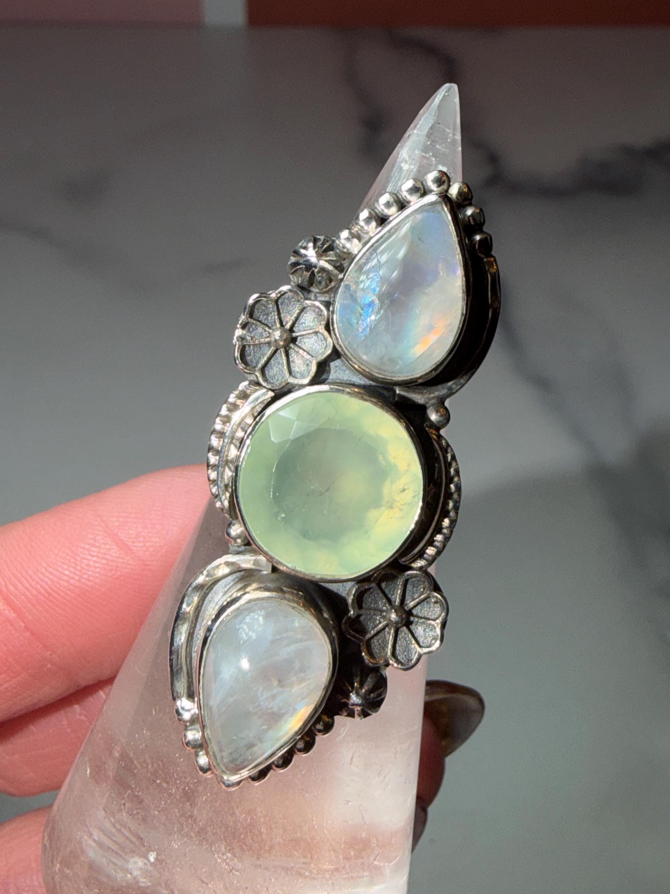 Triple Prehnite Moonstone Floral Ring • Sterling Silver Boho Statement Gemstone (Size 7) 4
