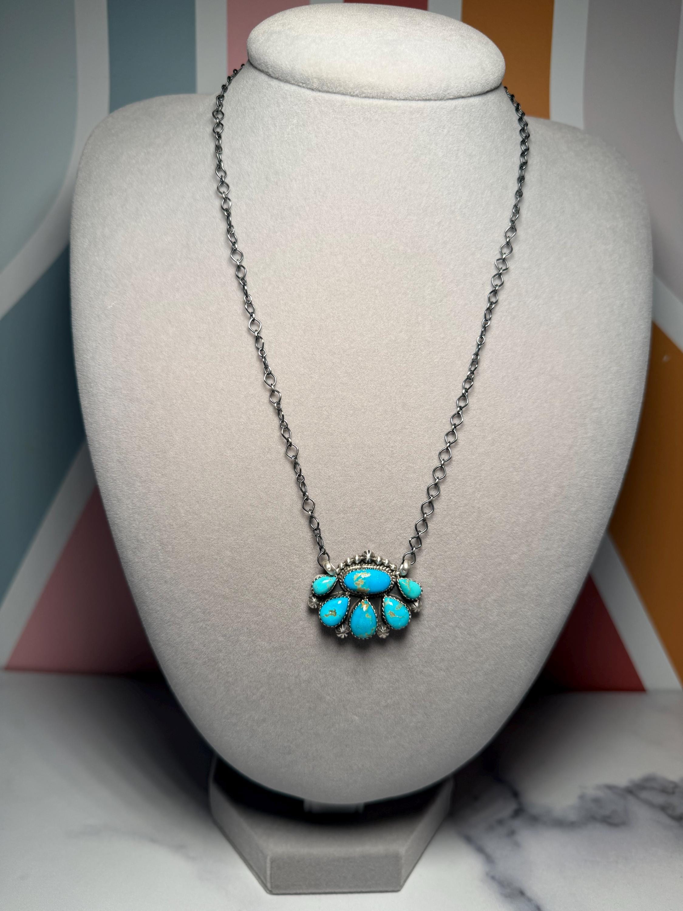 Jeff Largo Kingman Turquoise Half Cluster Necklace, Sterling Silver Southwest Statement (18 Inch Chain) 2