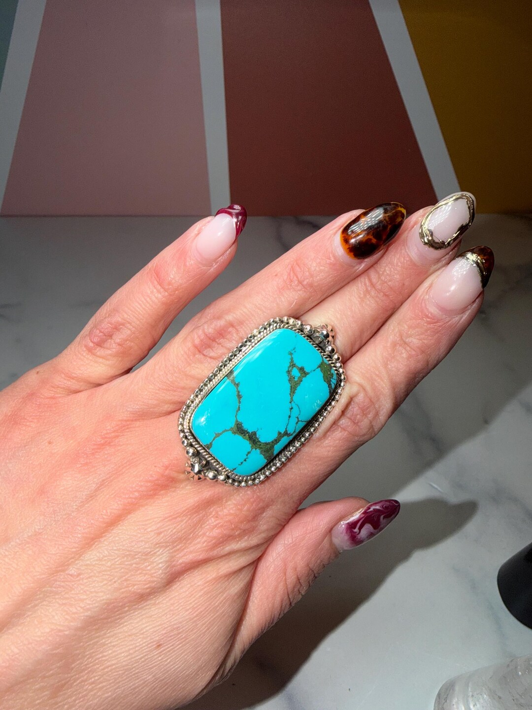 XL Tibetan Turquoise Statement Ring • 925 Sterling Silver Adjustable ...