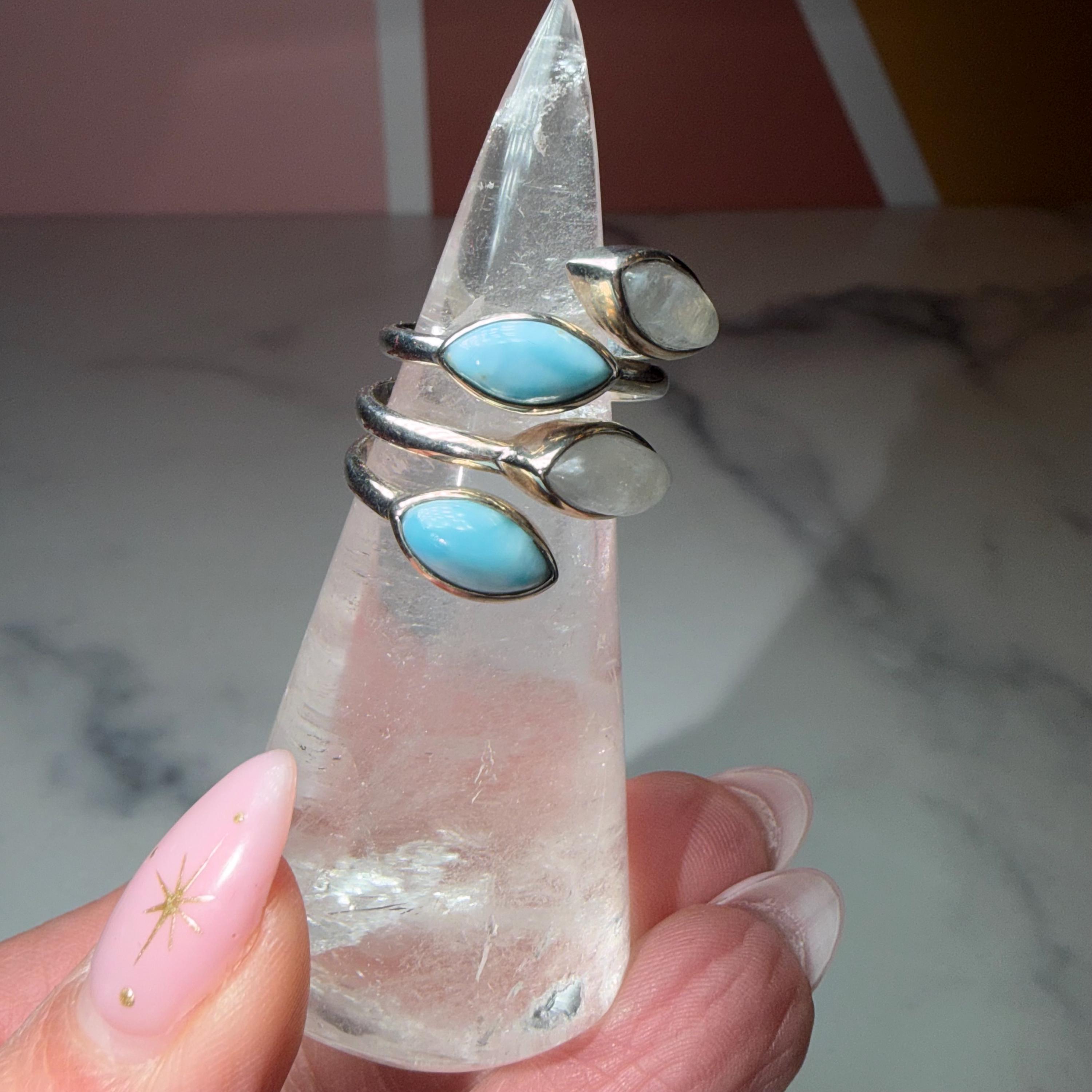 Larimar Moonstone Sterling Silver Statement Ring Size 7, Ocean Celestial Jewelry 6
