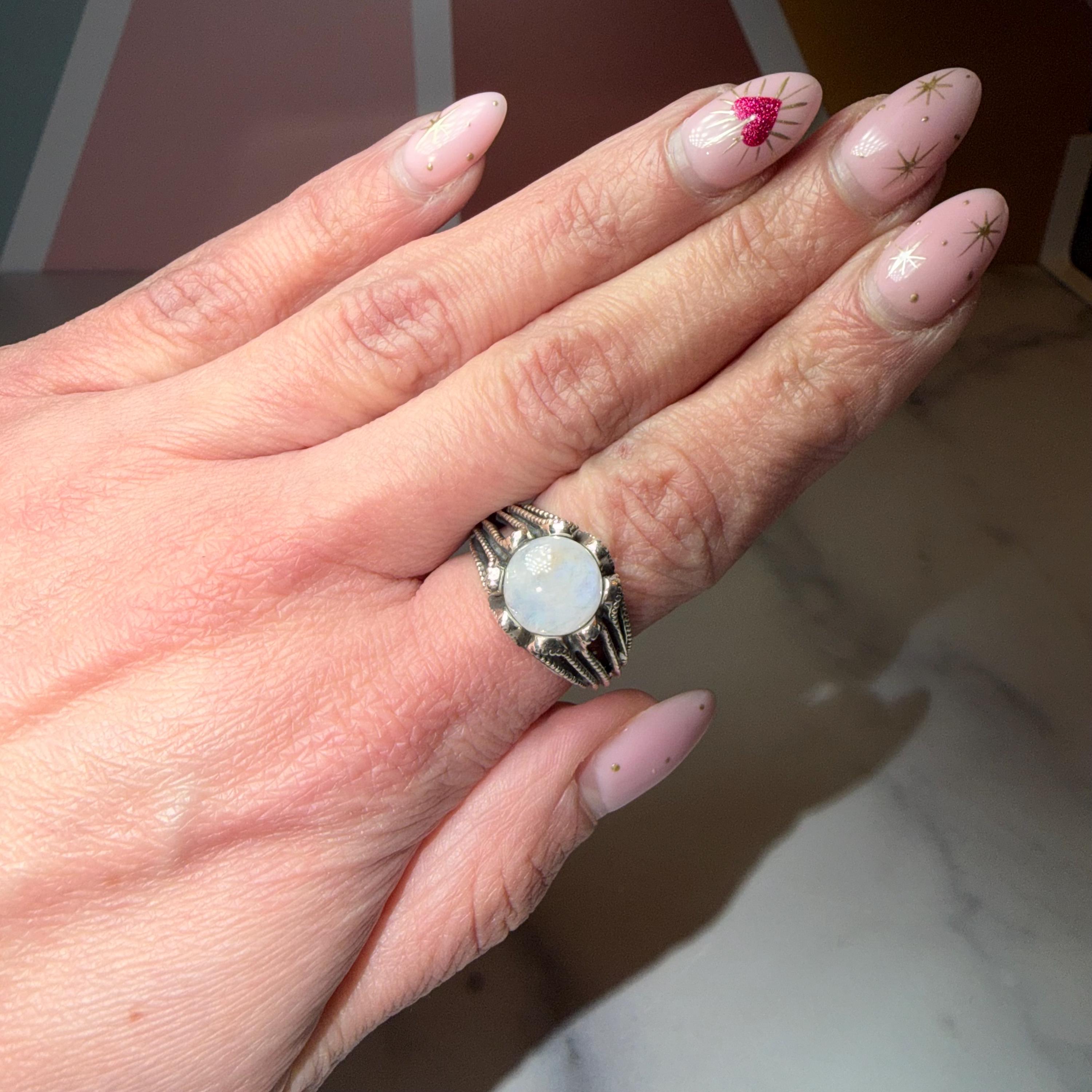 Round Rainbow Moonstone Statement Ring, 925 Sterling Silver Iridescent Gemstone Jewelry (size 7.75)