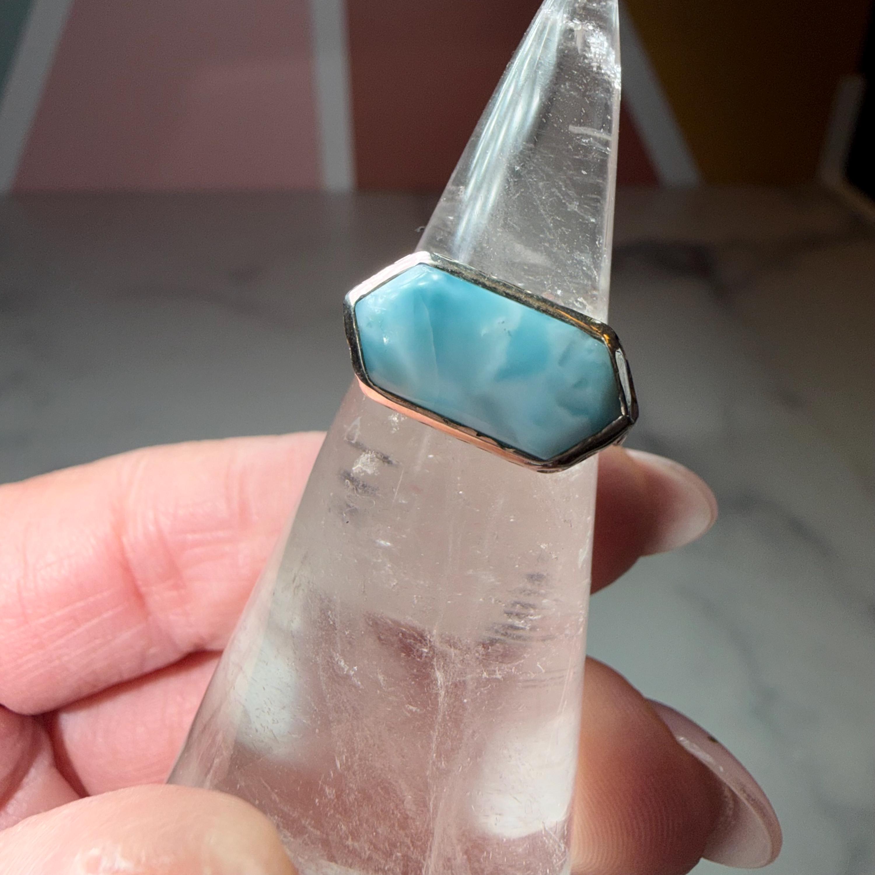 Larimar Ring, Sterling Silver Hammered Band, Ocean Stone Minimalist Jewelry, Size 6 2