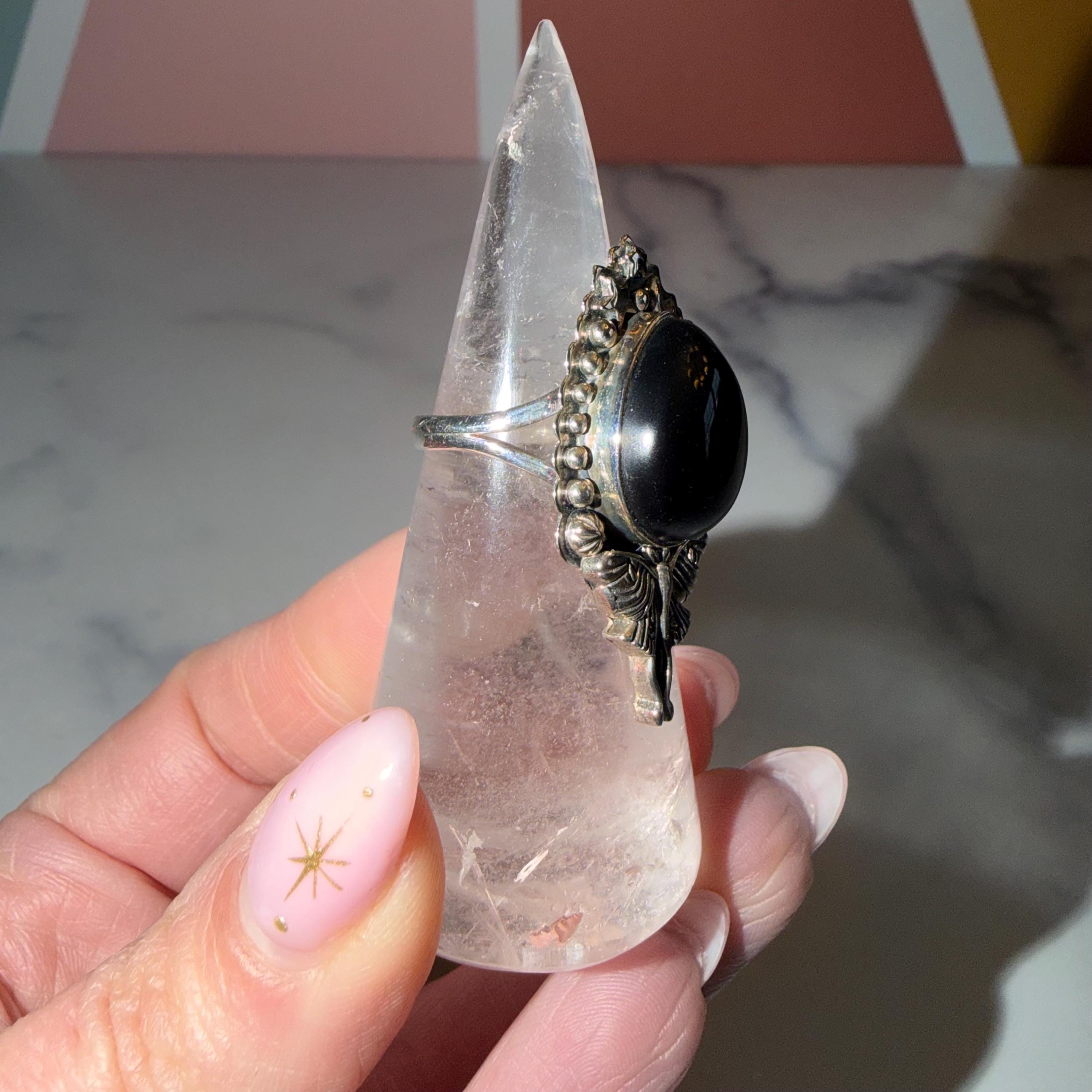 Black Onyx Luna Moth Ring • 925 Sterling Silver • Gothic Boho Statement Jewelry (Size 7) 4