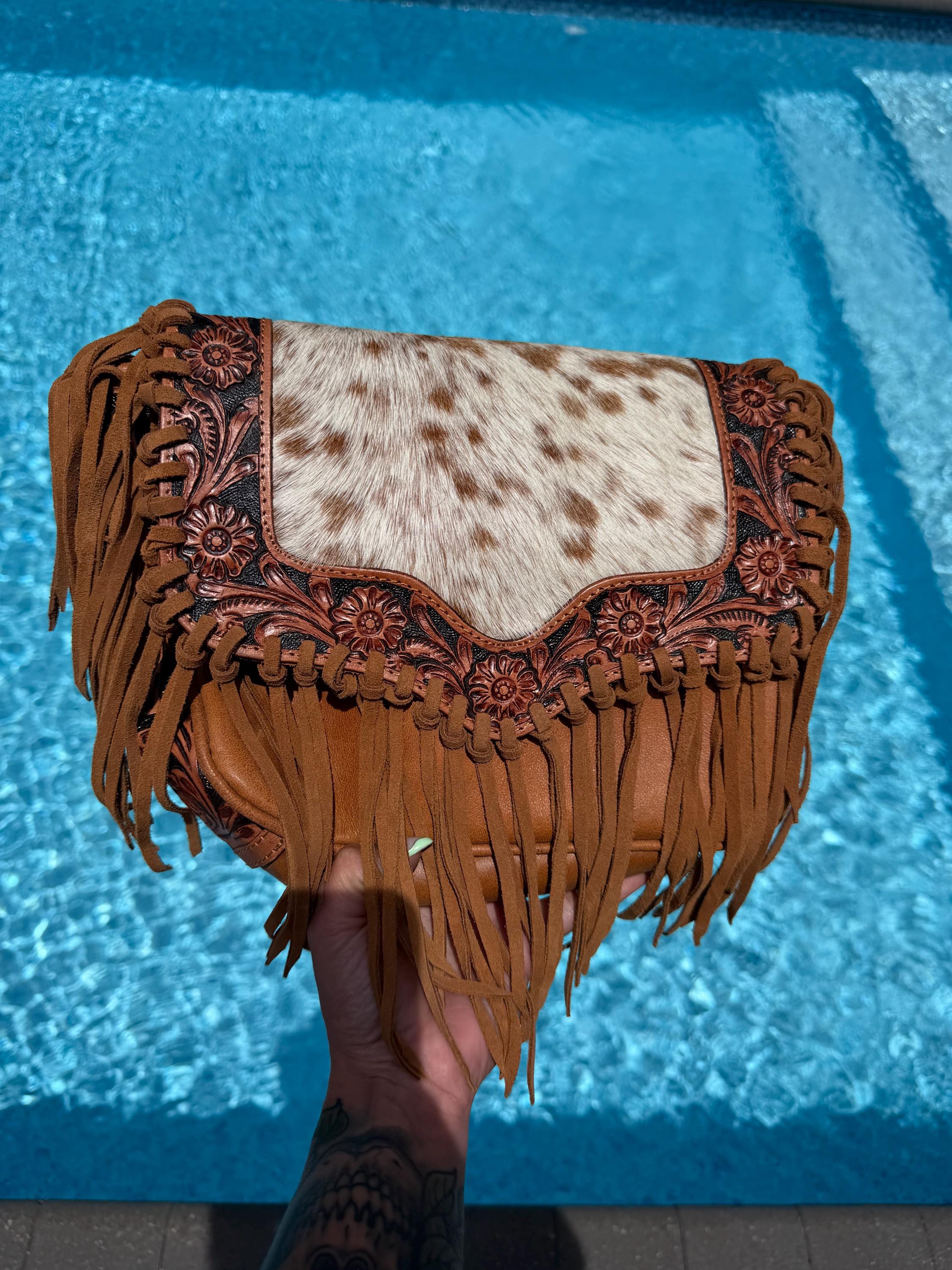 Brown Leather Hair-on Hide Crossbody Bag | Western Fringe Shoulder Bag