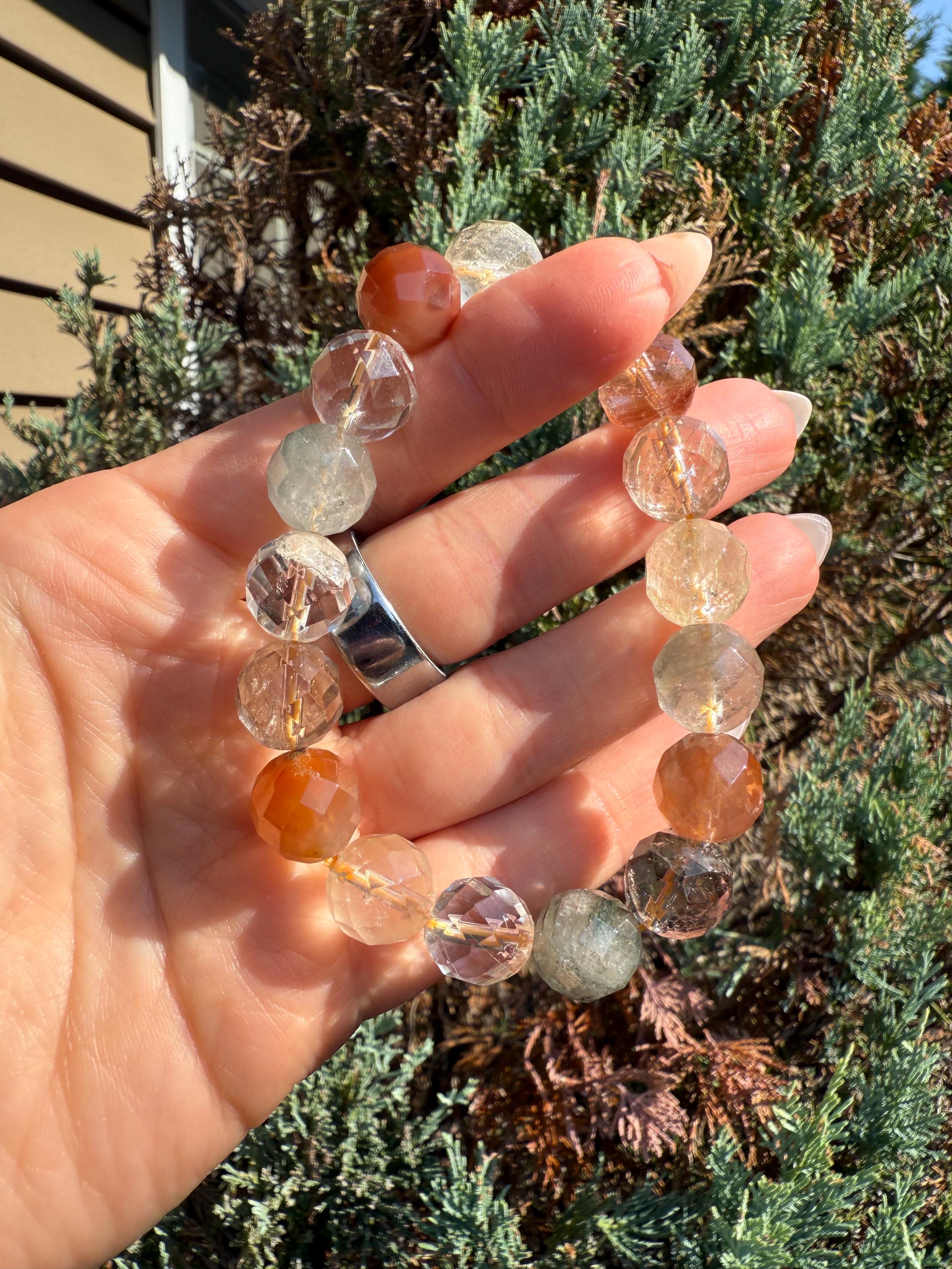 Faceted Garden Quartz Stretch Bracelet, Natural Gemstone Grounding Jewelry, Earth Energy (11mm Beads) 6