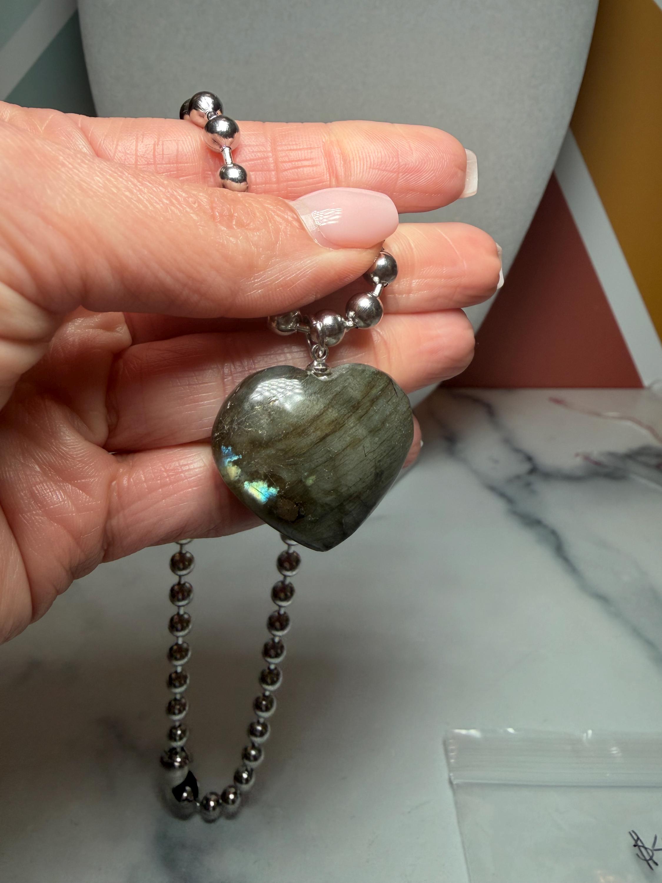 Labradorite Heart Pendant Necklace, Sterling Silver Ball Chain, 17 Inch Gemstone Jewelry 13