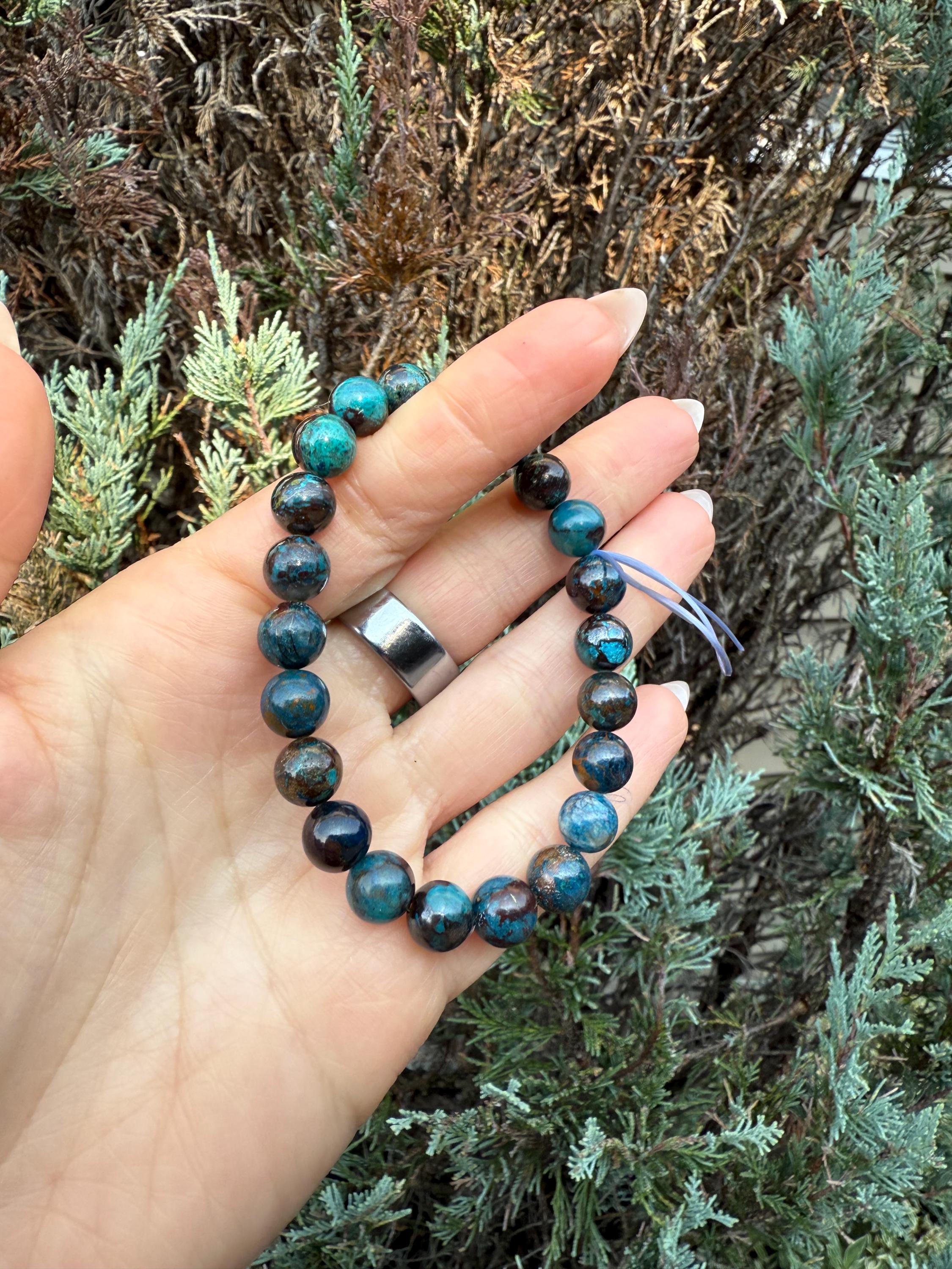 Azurite Chrysocolla Malachite Beaded Stretch Bracelet, Natural Gemstone Healing Jewelry 4