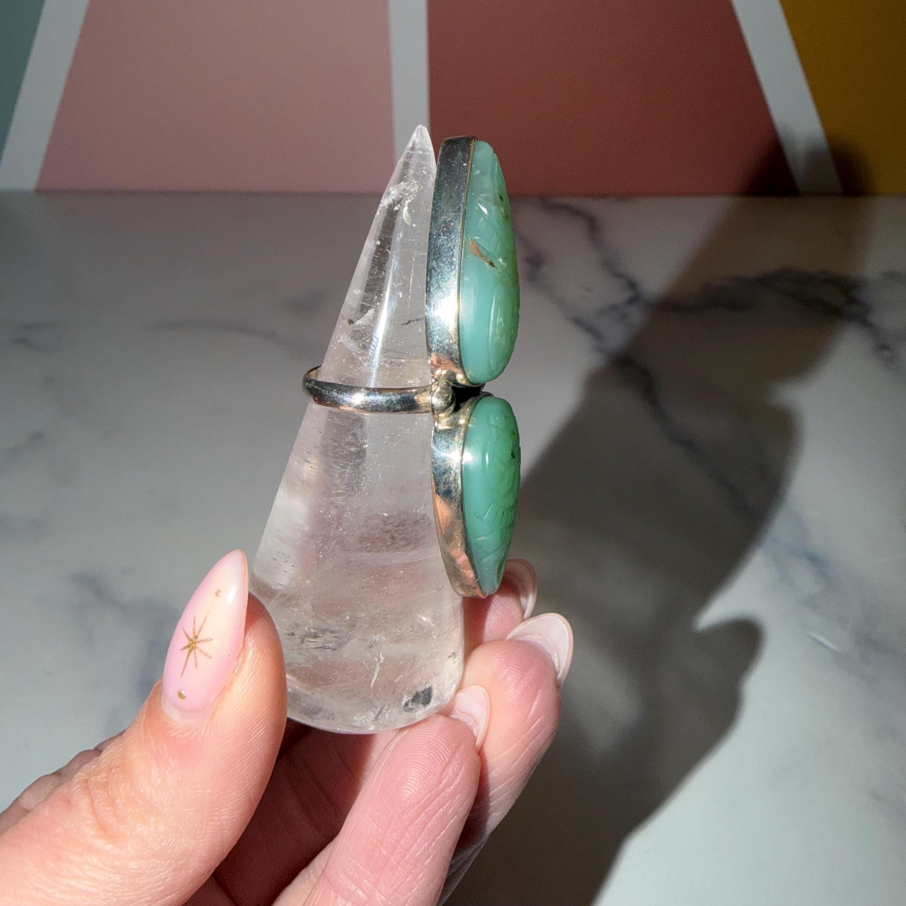 Double Carved Jade Statement Ring • 925 Sterling Silver • Boho Crystal Jewelry (Size 6) 5