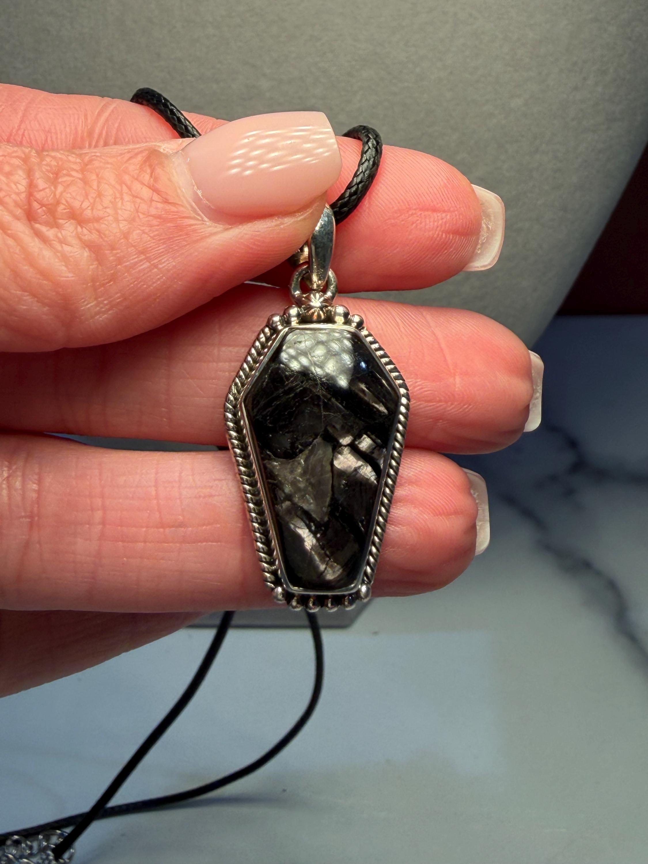 Hypersthene Coffin Pendant in 925 Sterling Silver by Bone and Branch, Gothic Crystal Necklace 2