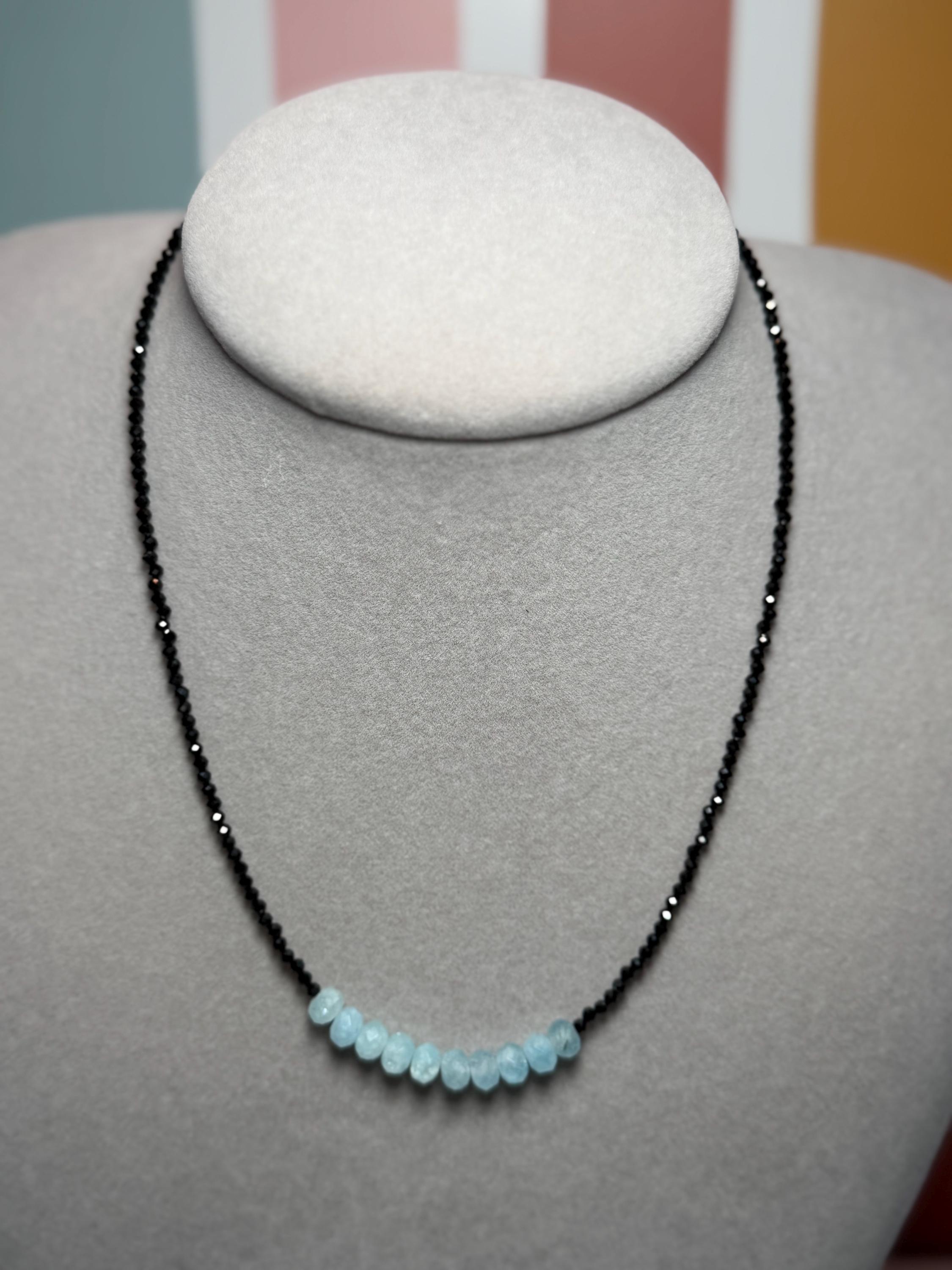 Faceted Black Spinel Aquamarine Sterling Silver Necklace (16 Inch + 2 Inch Extender) 4