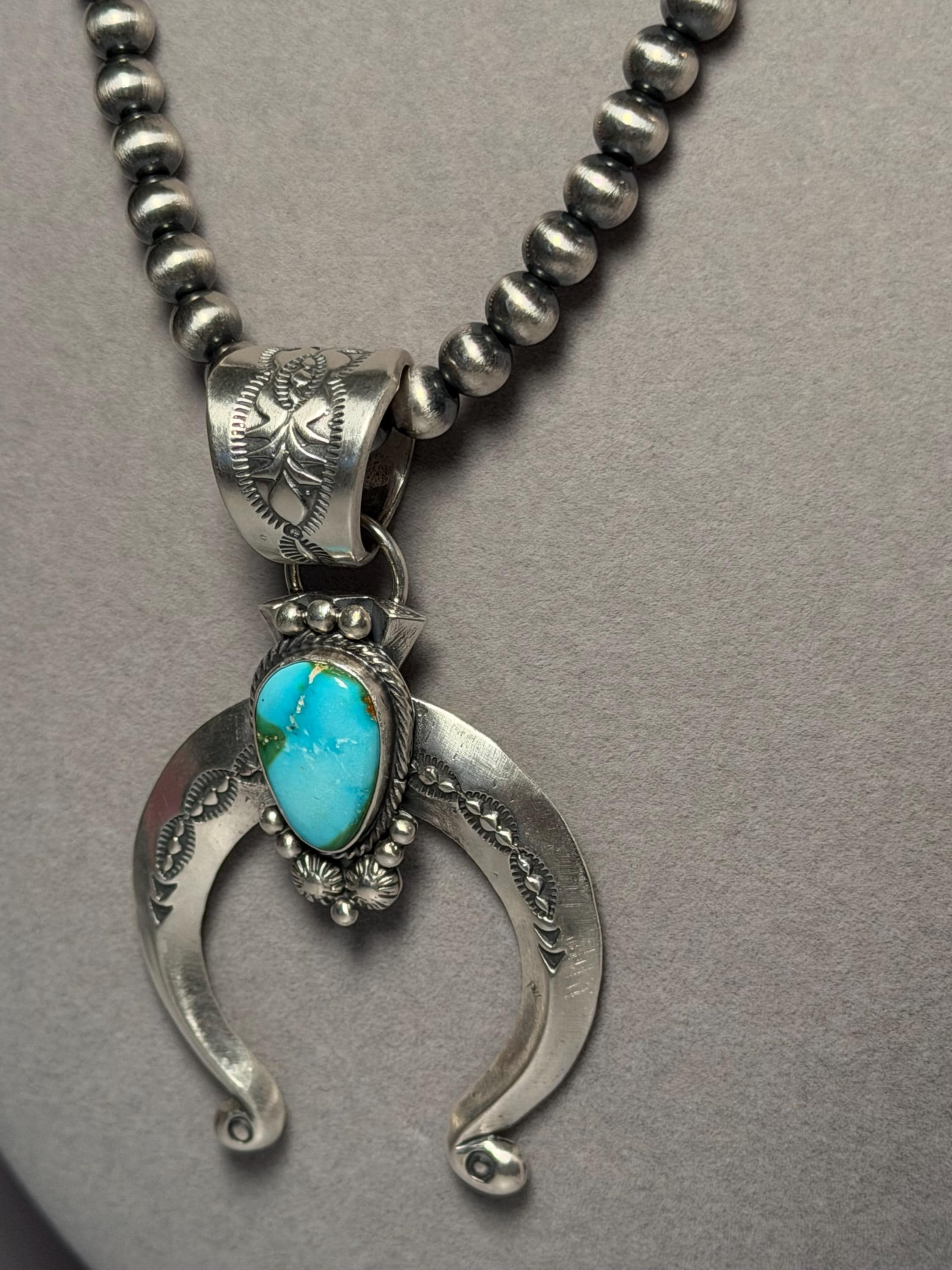 Sonoran Gold Turquoise Naja Pendant with Navajo Pearls, Sterling Silver Native Handmade Stamped Necklace, 18 Inch 6mm Pearls 3