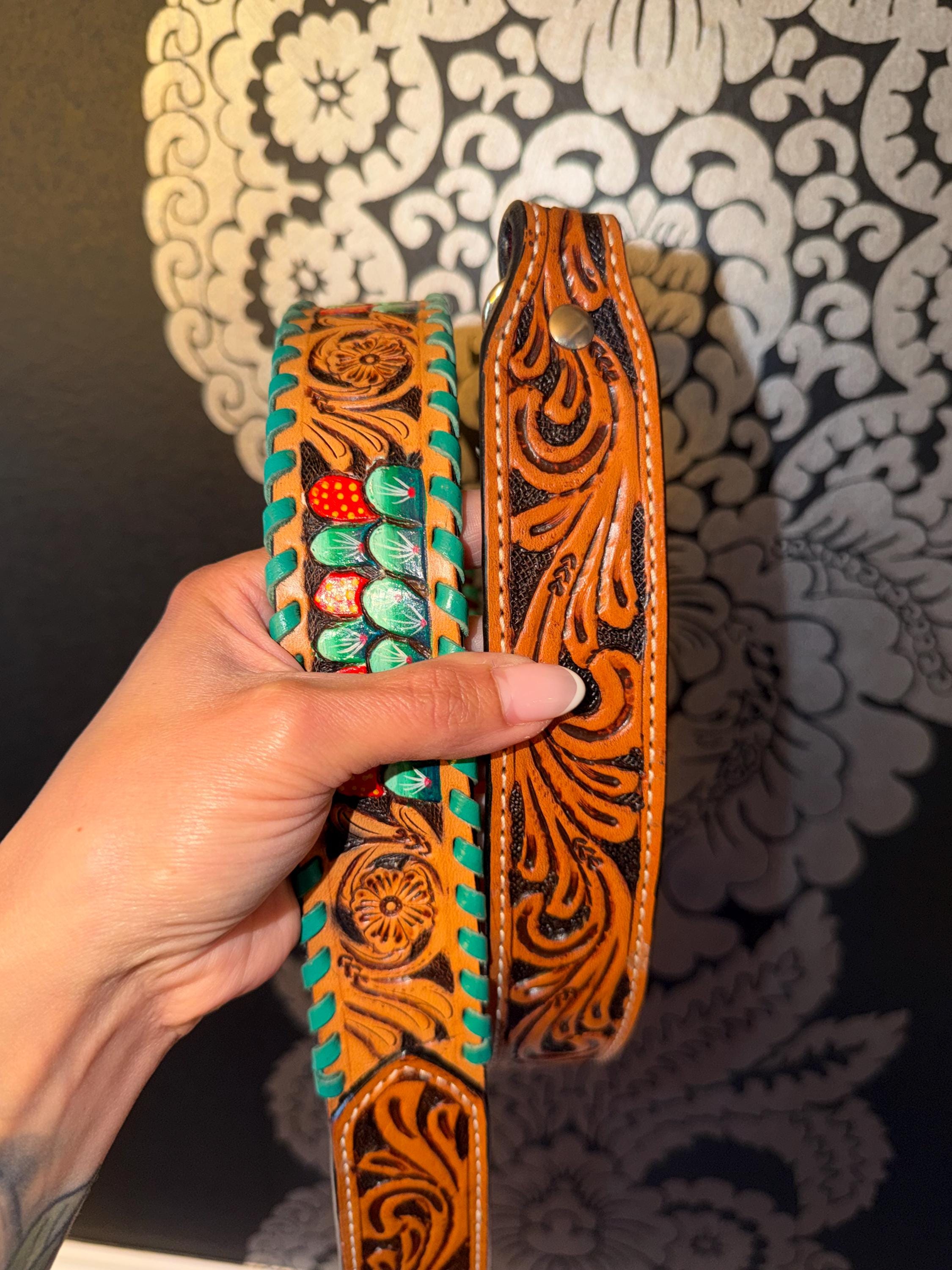 Tooled Leather Cactus Purse Strap 2