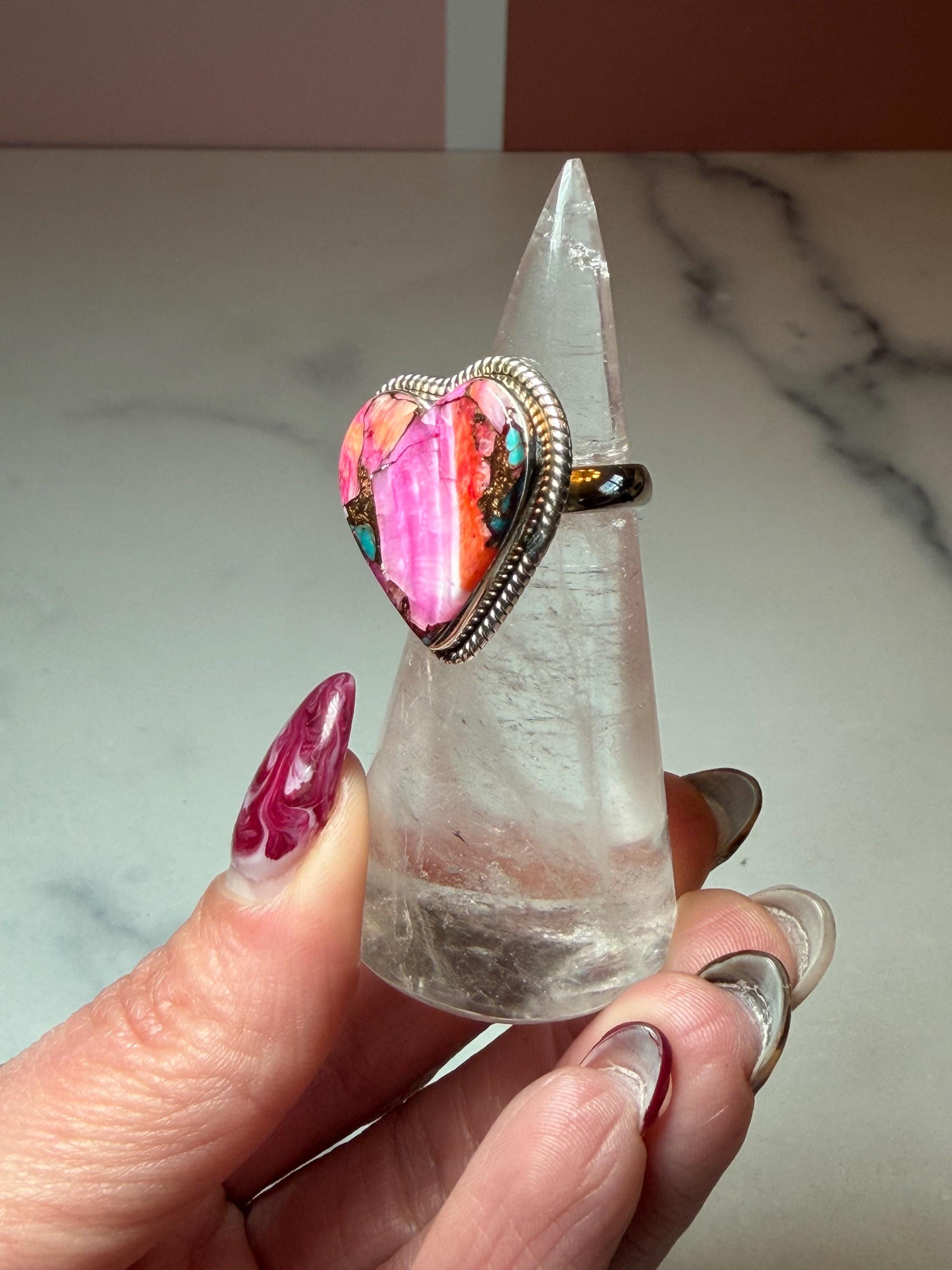 Pink Dahlia Heart Ring • Sterling Silver • Boho Gemstone Jewelry (size 7) 5