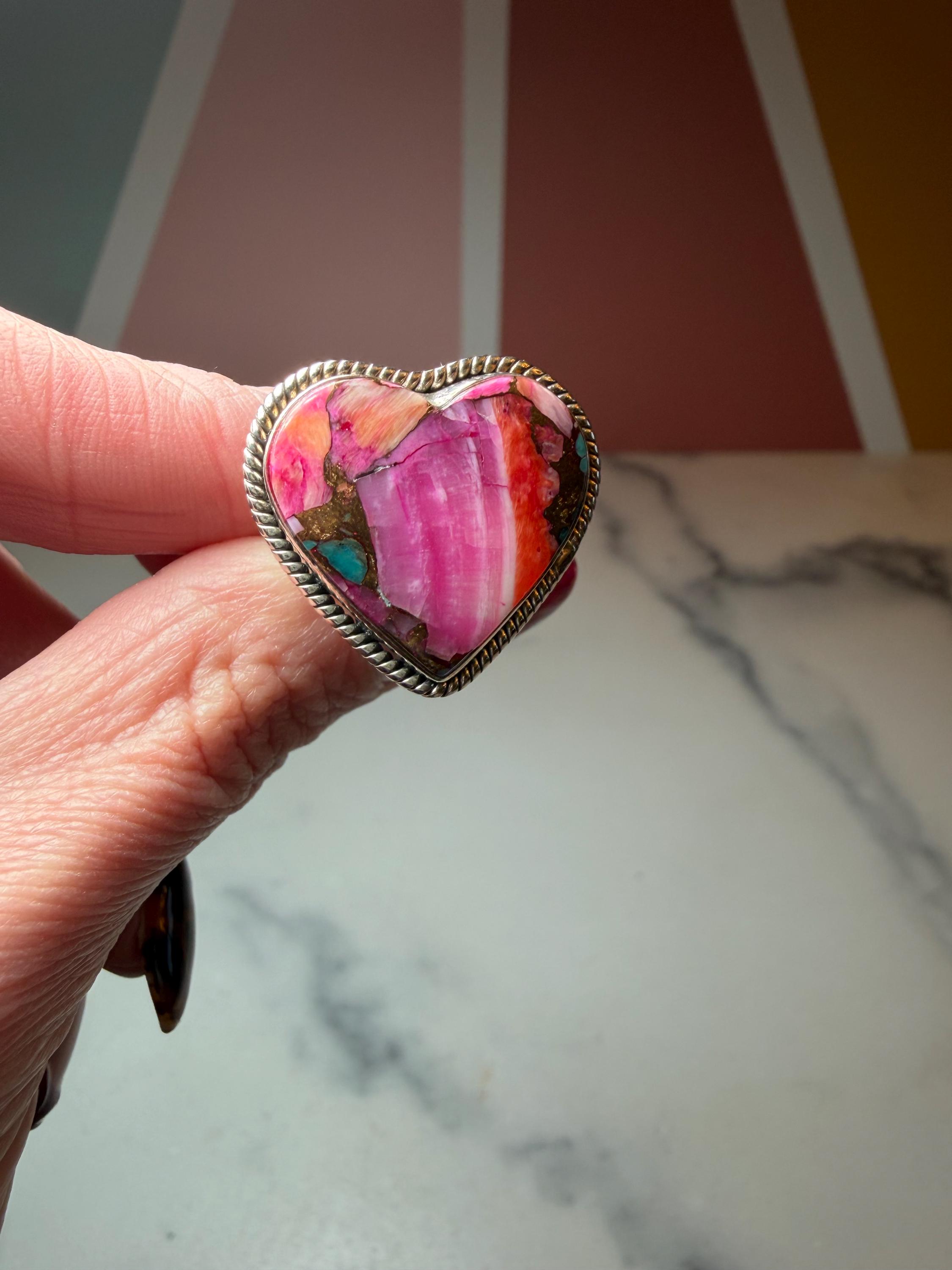 Pink Dahlia Heart Ring • Sterling Silver • Boho Gemstone Jewelry (size 7) 4