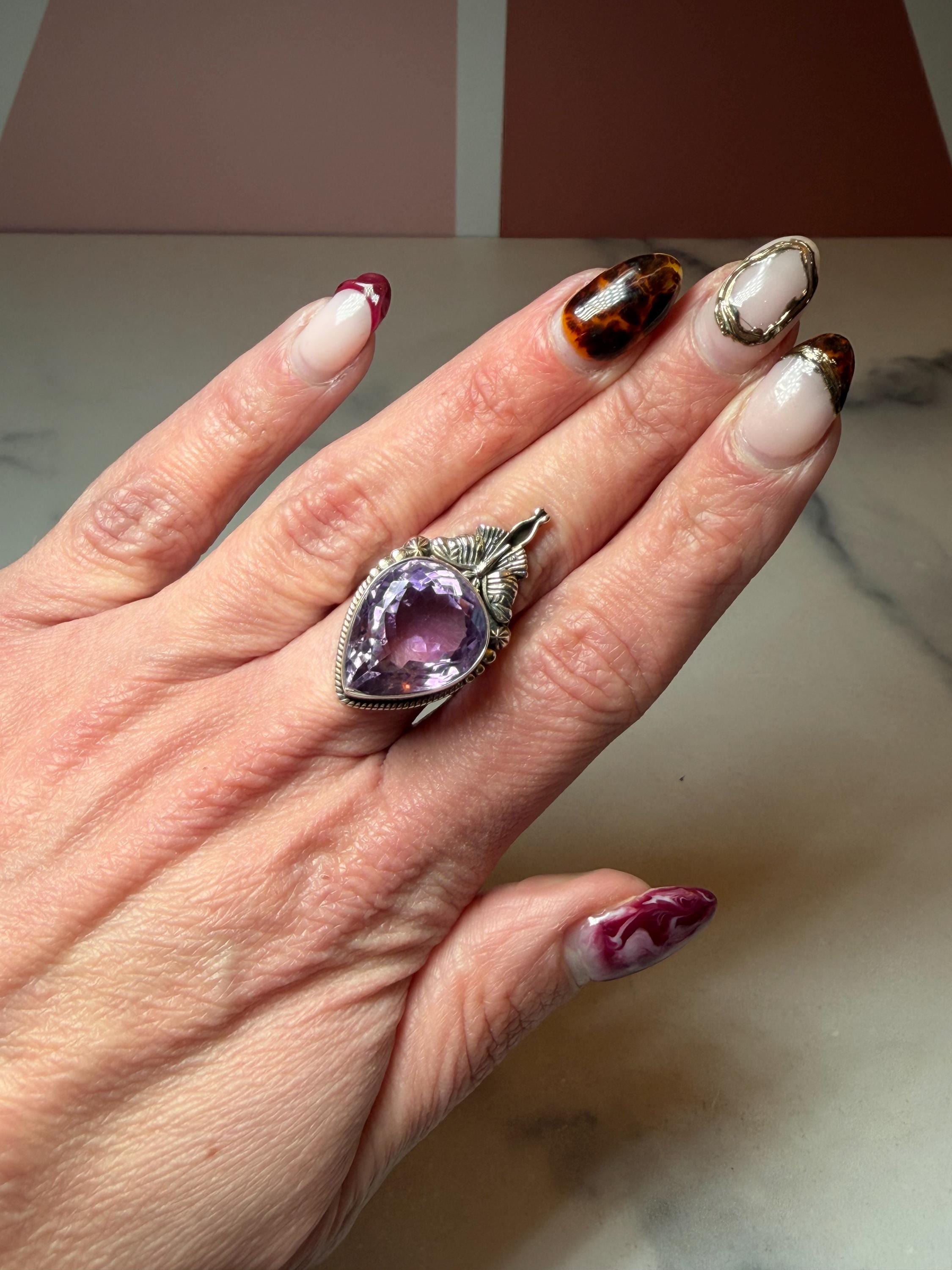 Faceted Amethyst Luna Moth Ring • Sterling Silver • Gothic Boho Crystal Statement Jewelry (size 7) 3