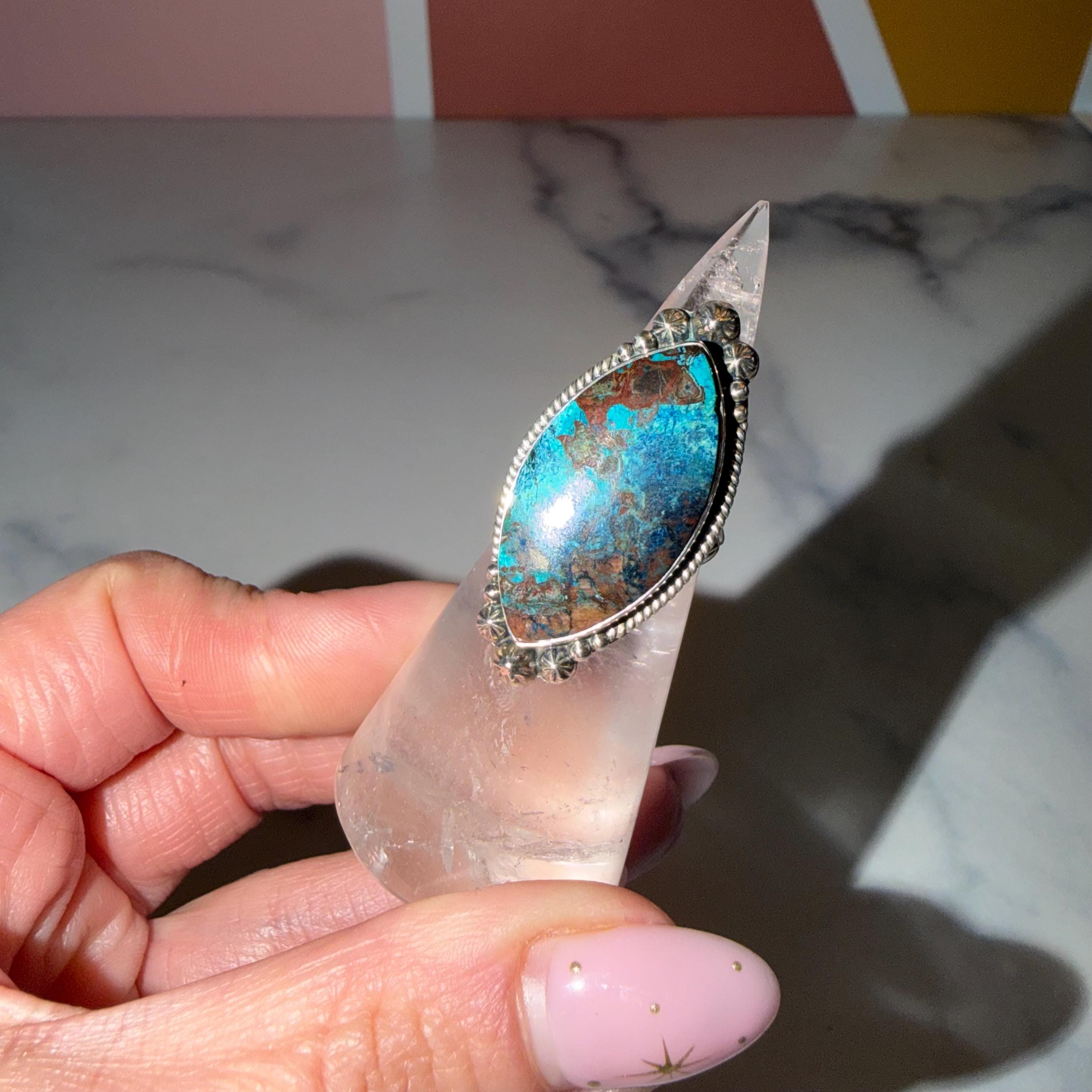 Chrysocolla Marquise Ring • Sterling Silver Blue Green Gemstone Boho Statement (Size 6) 3