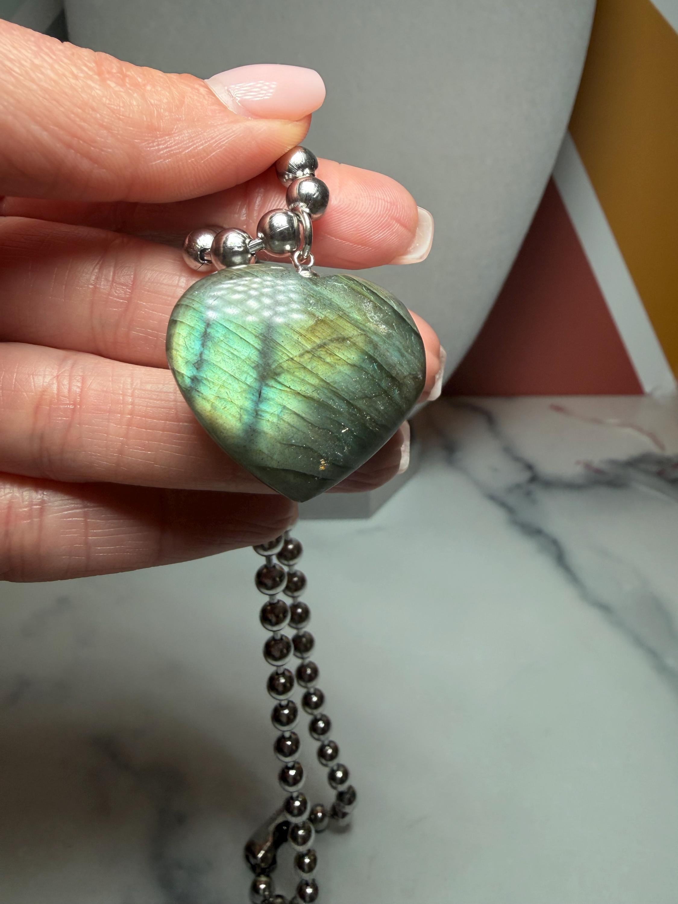 Labradorite Heart Pendant Necklace, Sterling Silver Ball Chain, 17 Inch Gemstone Jewelry 7