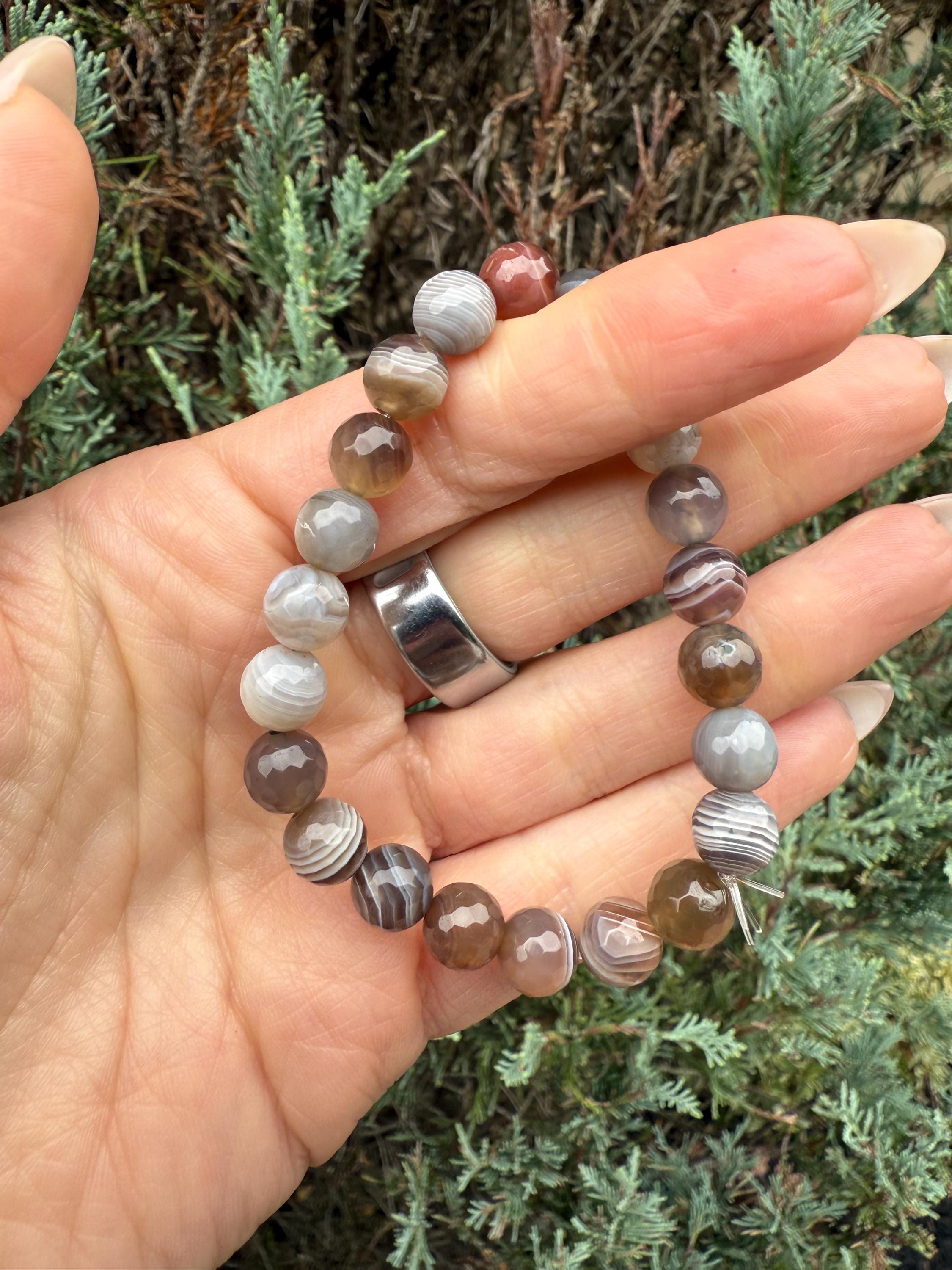 Faceted Botswana Agate Stretch Beaded Bracelet, Natural Gemstone, Grounding Crystal Jewelry (8mm) 8