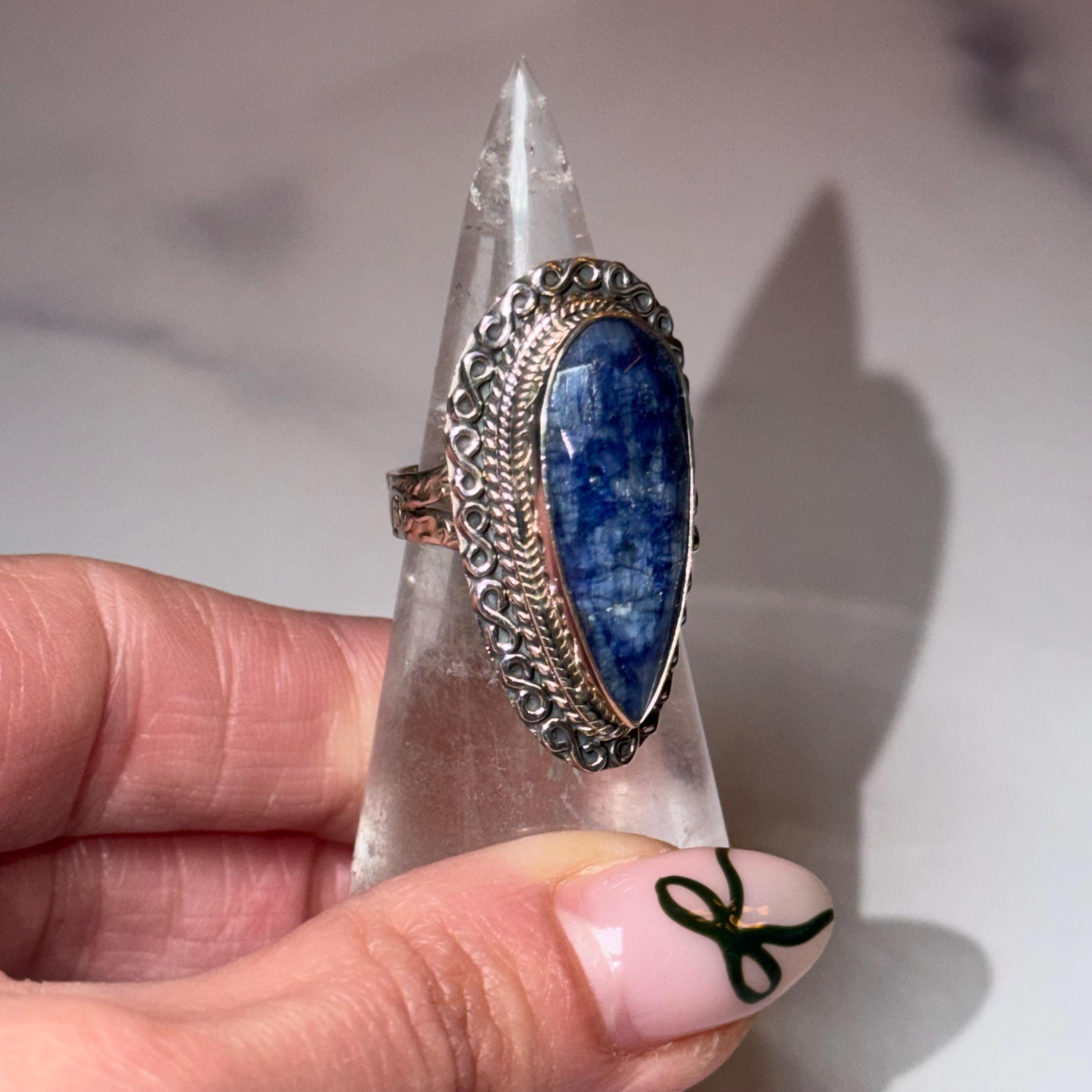 Large Blue Kyanite Statement Ring • Sterling Silver Double Shank Band (Size 7) 8
