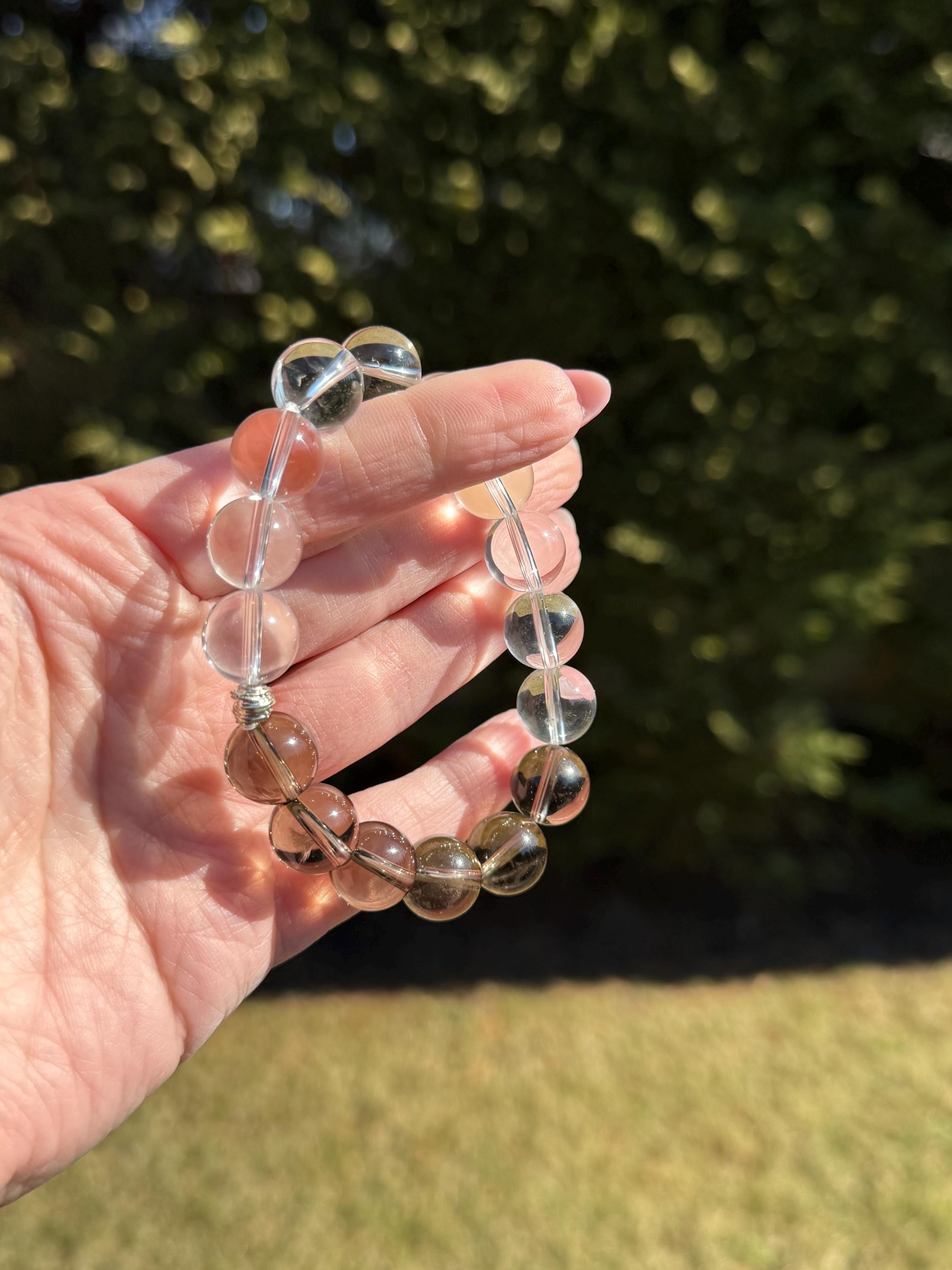 Clear Quartz & Smoky Quartz Crystal Stretch Beaded Bracelet • Gemstone Balance Energy (12.5mm) 9