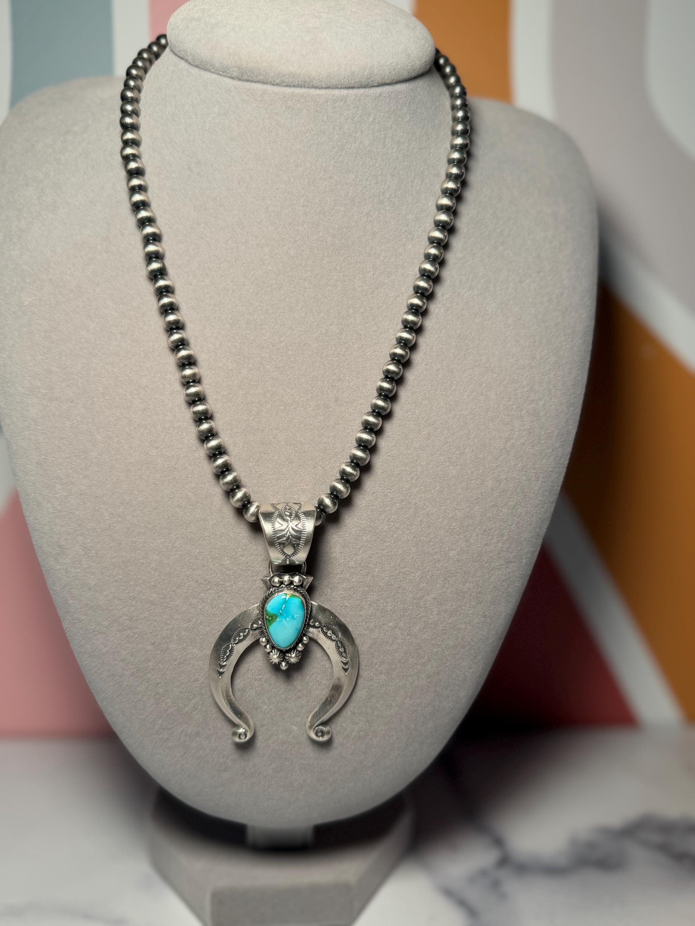 Sonoran Gold Turquoise Naja Pendant with Navajo Pearls, Sterling Silver Native Handmade Stamped Necklace, 18 Inch 6mm Pearls