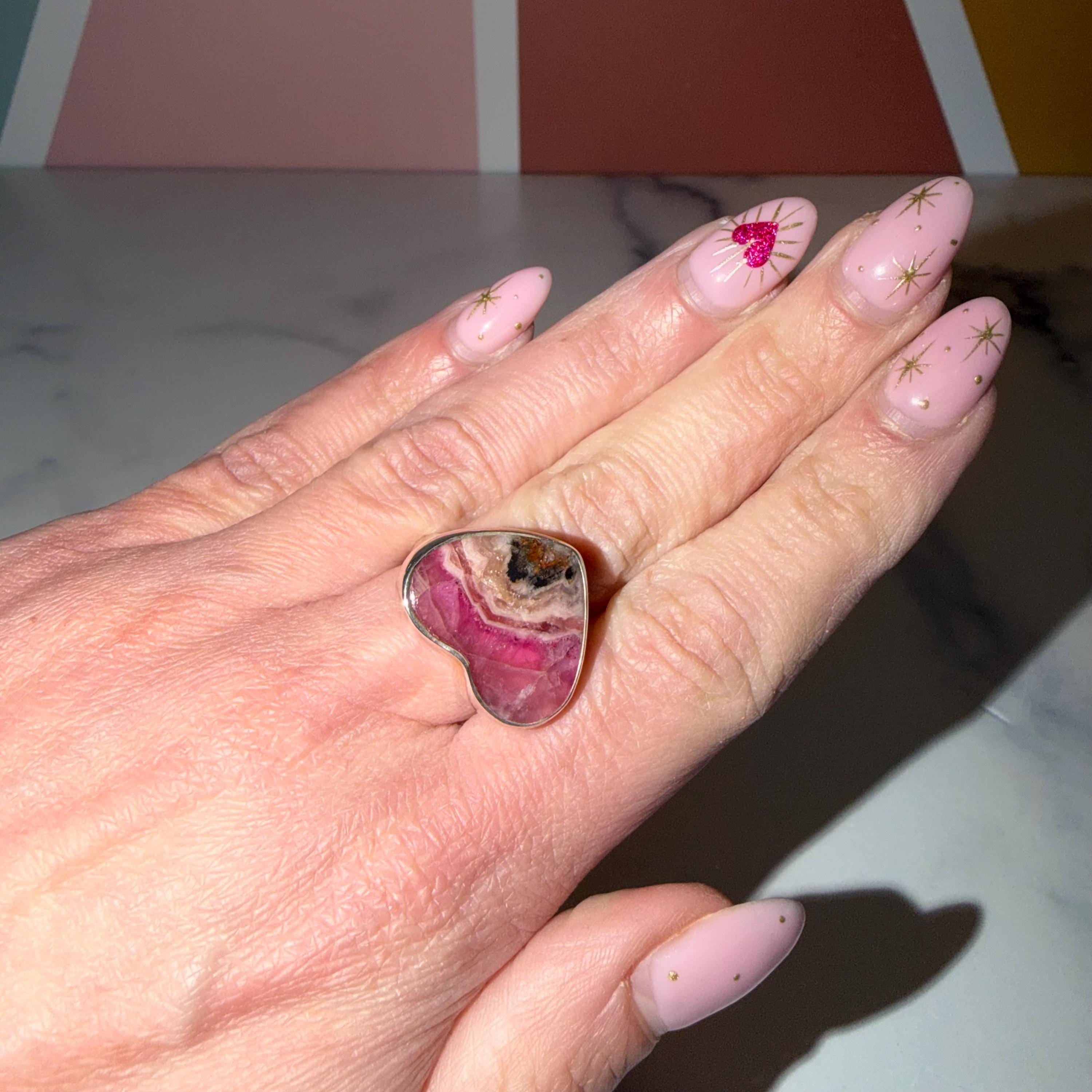Pink Cobalto Calcite Heart Ring • Sterling Silver Hammered Band • Size 7.75 4