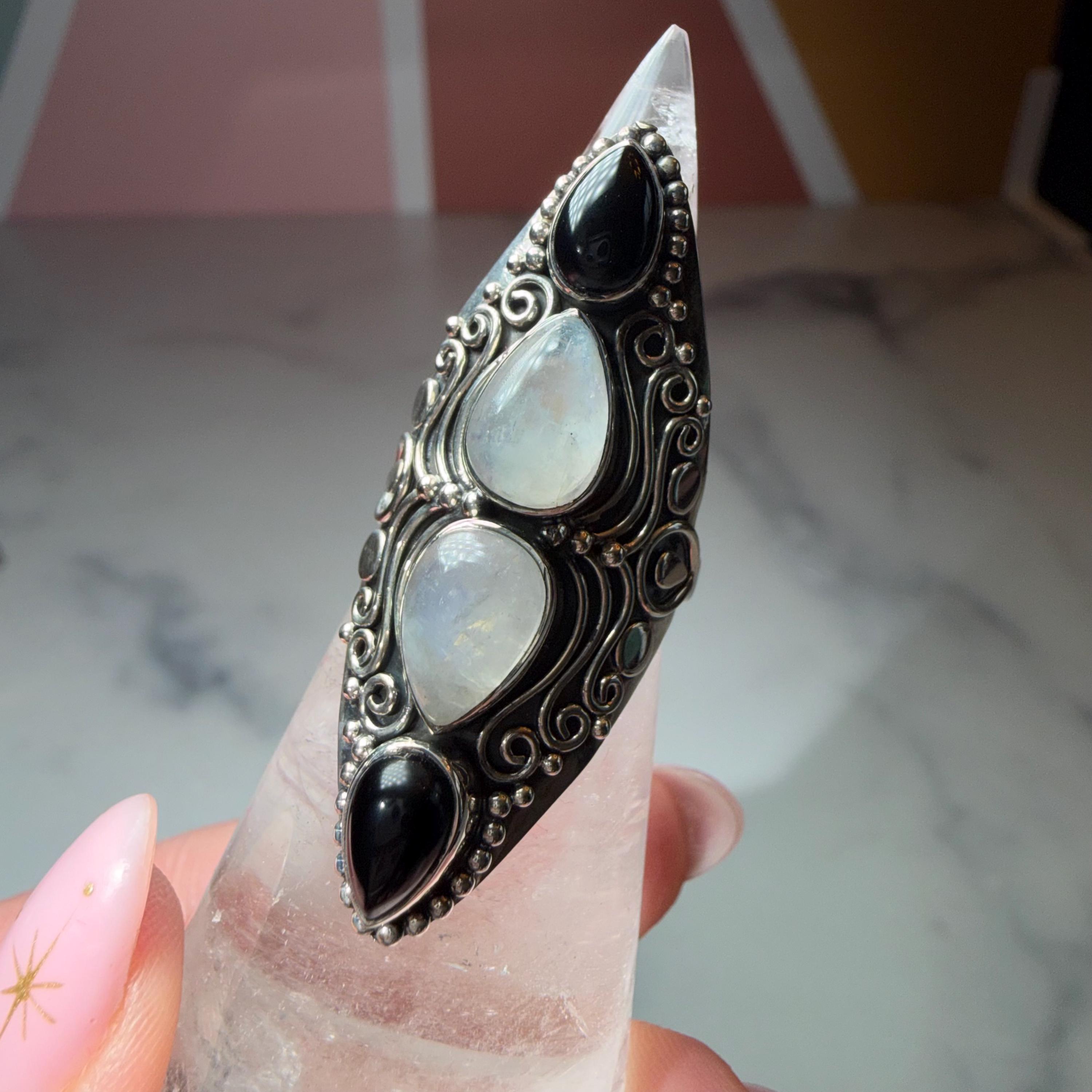 Black Onyx Moonstone Sterling Silver Ornate Statement Ring Size 7 3