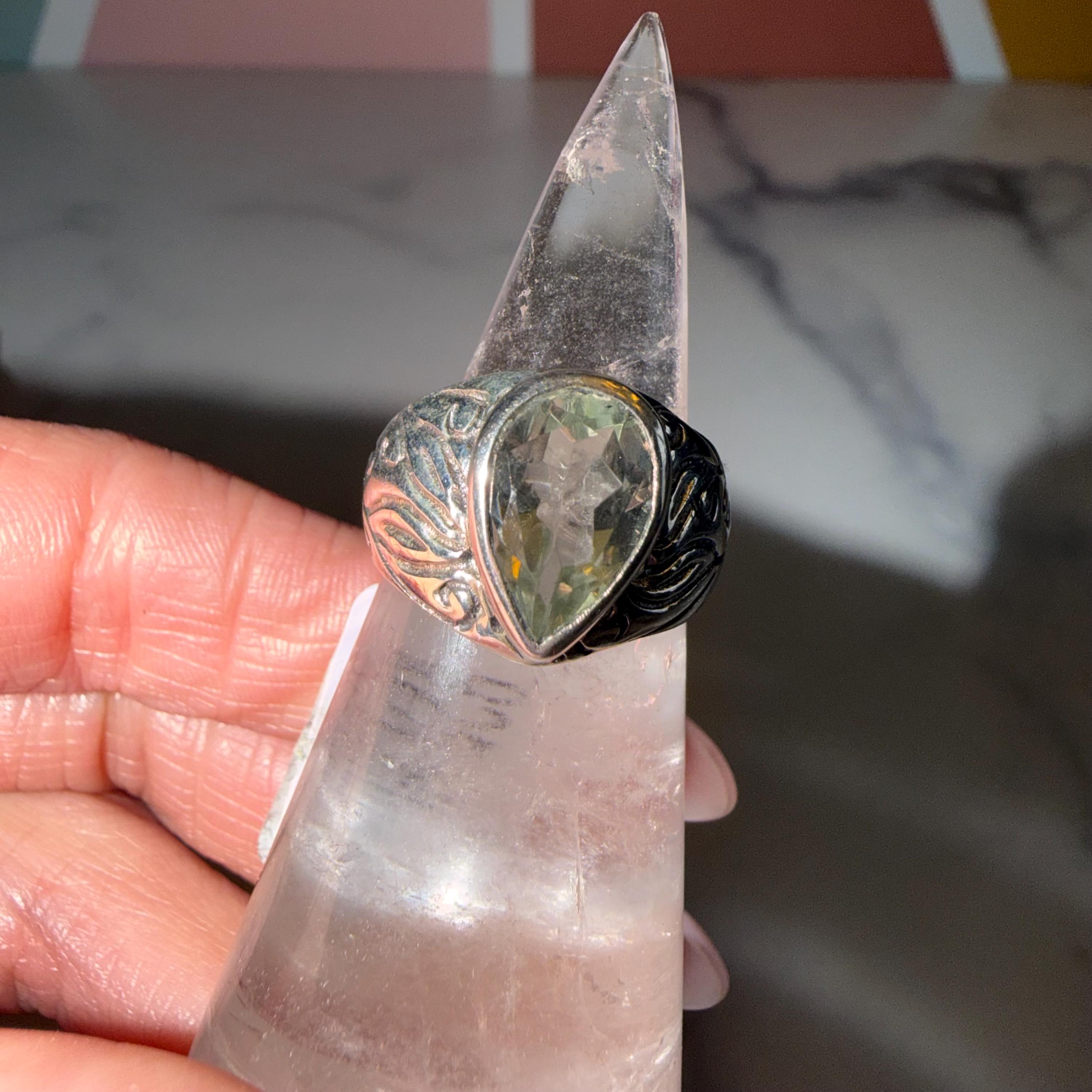 Prasiolite Teardrop Ring 925 Sterling Silver, Size 6, Green Amethyst Ring, Floral Cigar Band, Statement Gemstone Jewelry, Boho Ring