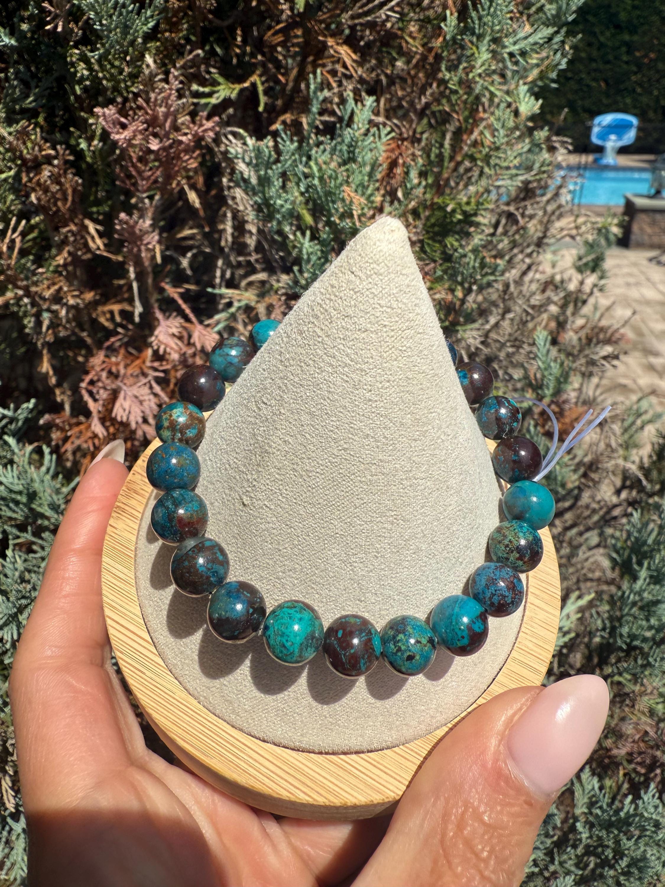 Azurite Chrysocolla Malachite Beaded Stretch Bracelet, Natural Gemstone Healing Jewelry 8
