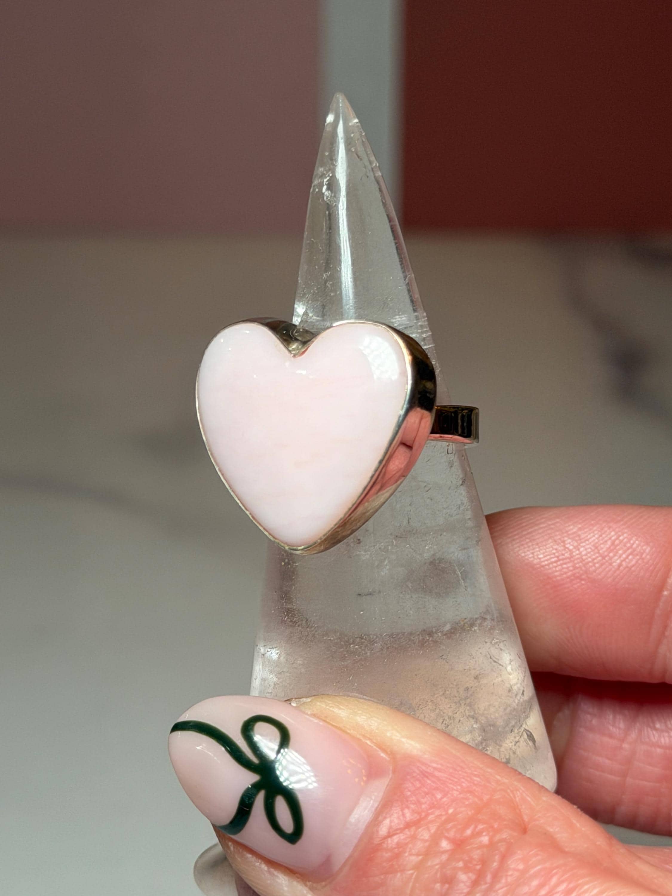 Pink Opal Heart Ring, Sterling Silver Adjustable Band, Romantic Gemstone Jewelry 7