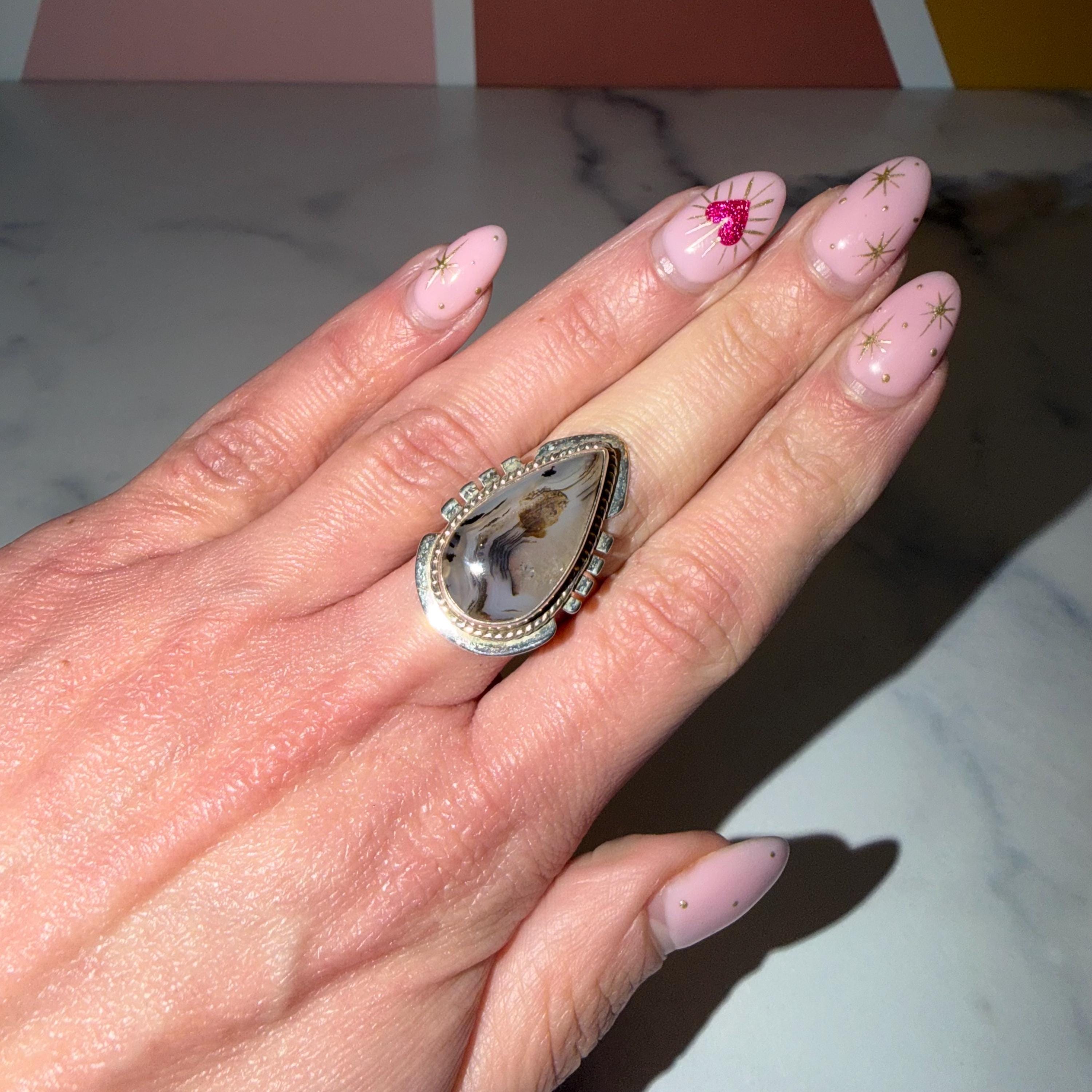 Montana Agate Teardrop Ring • Hammered Sterling Silver Statement Boho Jewelry (size 6.5) 3