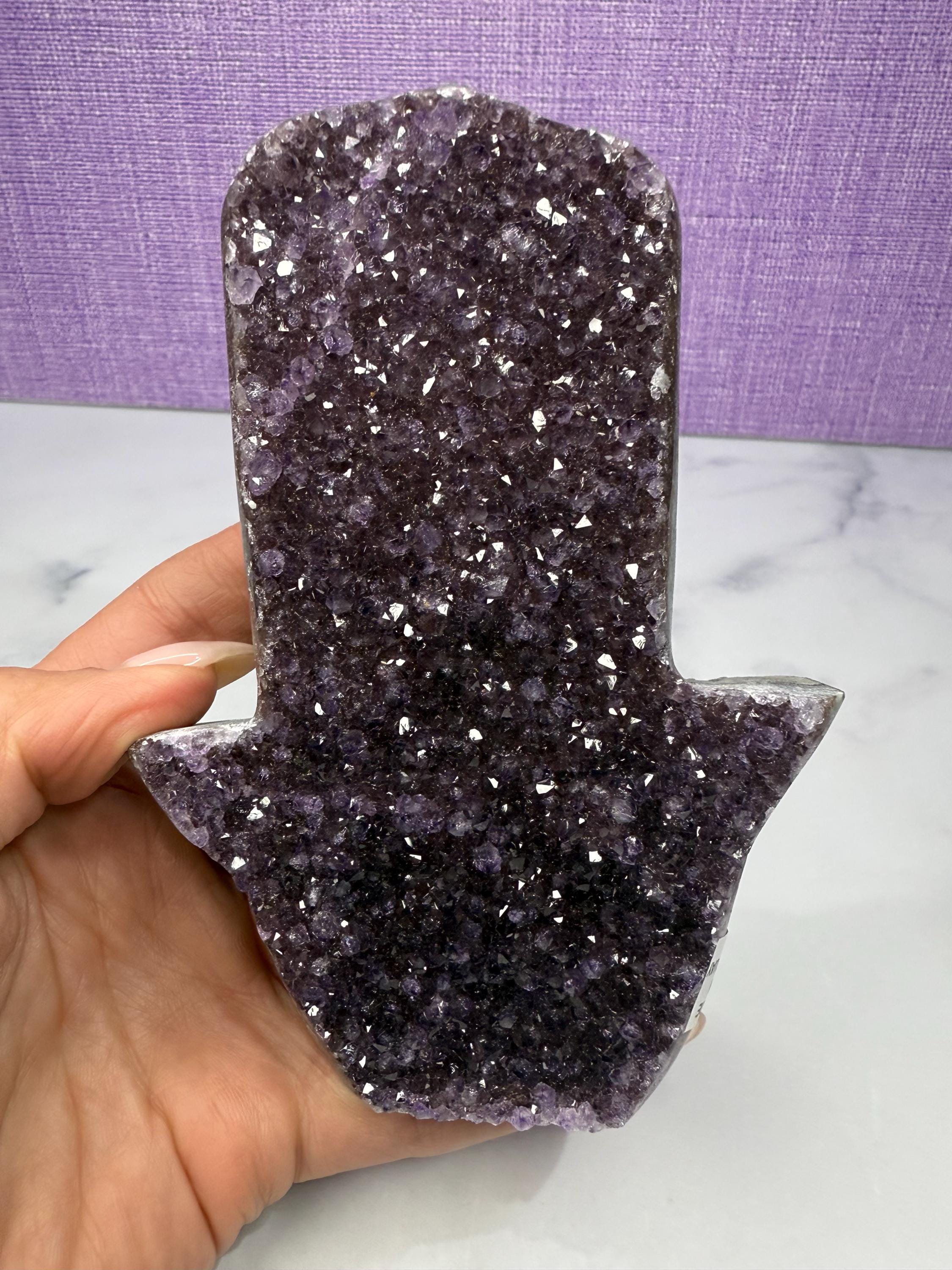 Large Amethyst Druzy Hamsa Hand Carving • Spiritual Protection, Peace Decor