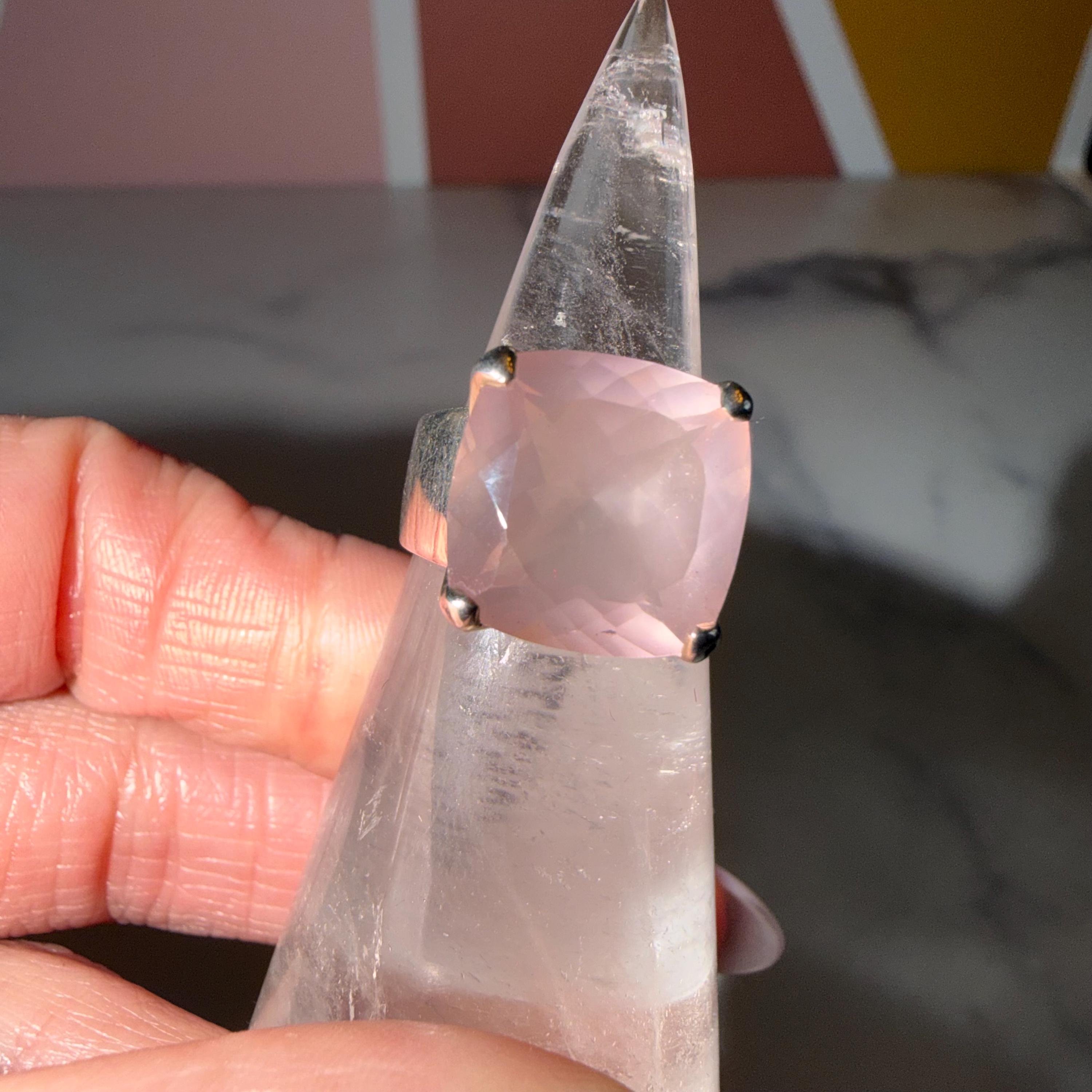 Faceted Rose Quartz Square Ring, Sterling Silver, Love Stone Jewelry (Size 6)
