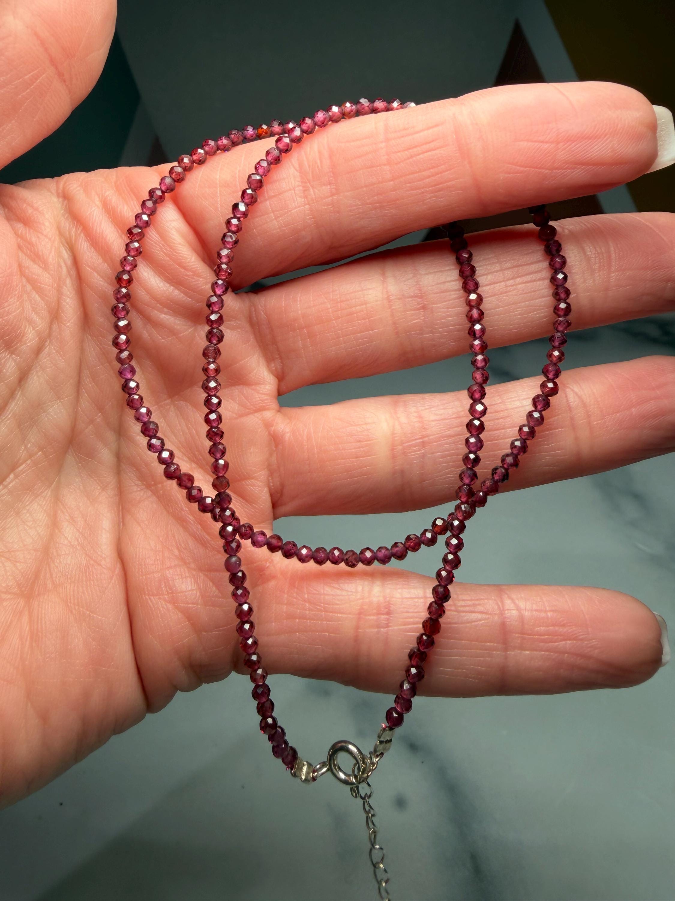 Faceted Garnet Beaded Necklace, 925 Sterling Silver, Dainty Red Gemstone, Adjustable Chain 4
