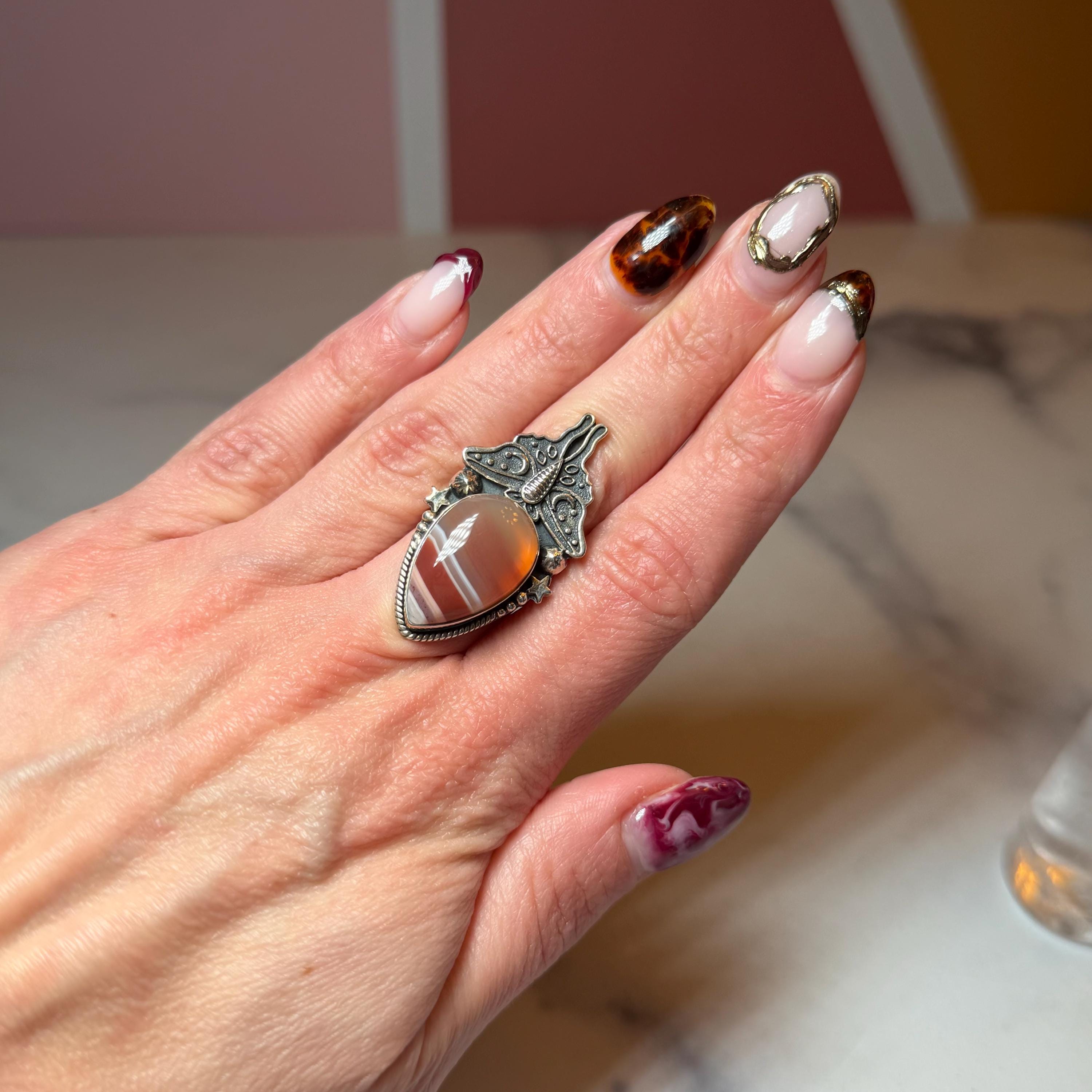 Botswana Agate Luna Moth Ring • Sterling Silver • Celestial Boho Statement Jewelry (size 7) 2
