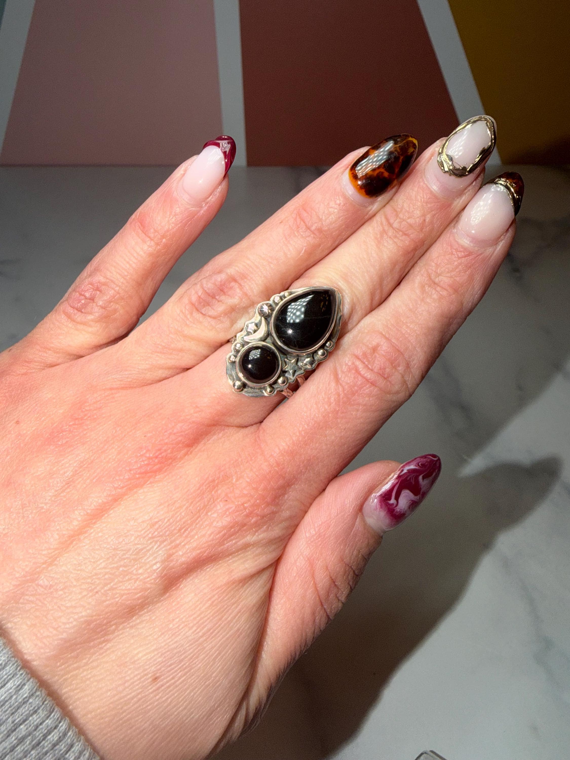 Double Black Onyx Ring • Celestial Sterling Silver Statement Gothic Jewelry (size 7) 2