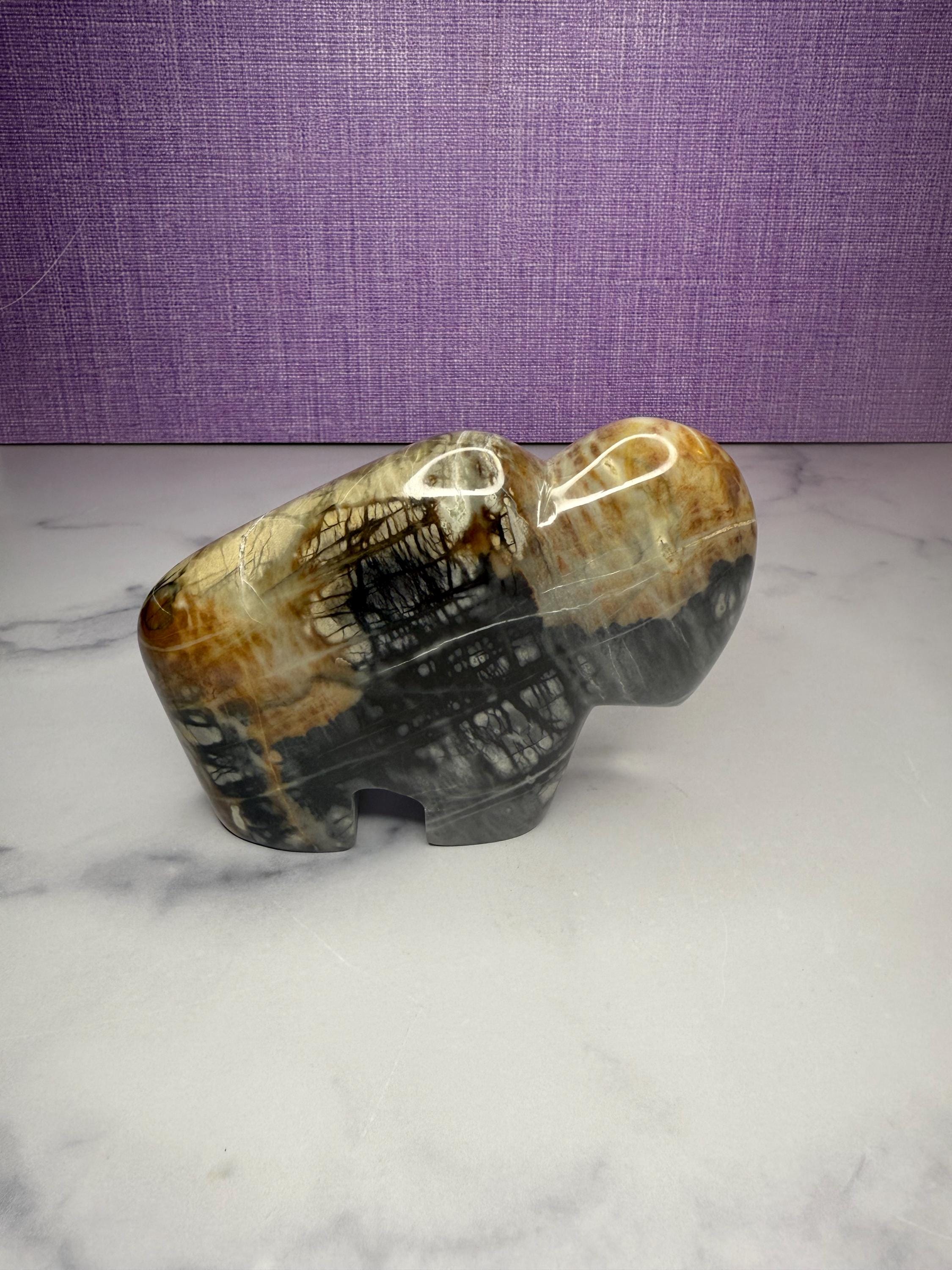 Picasso Jasper Buffalo Carving • Hand Carved Stone Bison Sculpture, Spiritual Decor 7