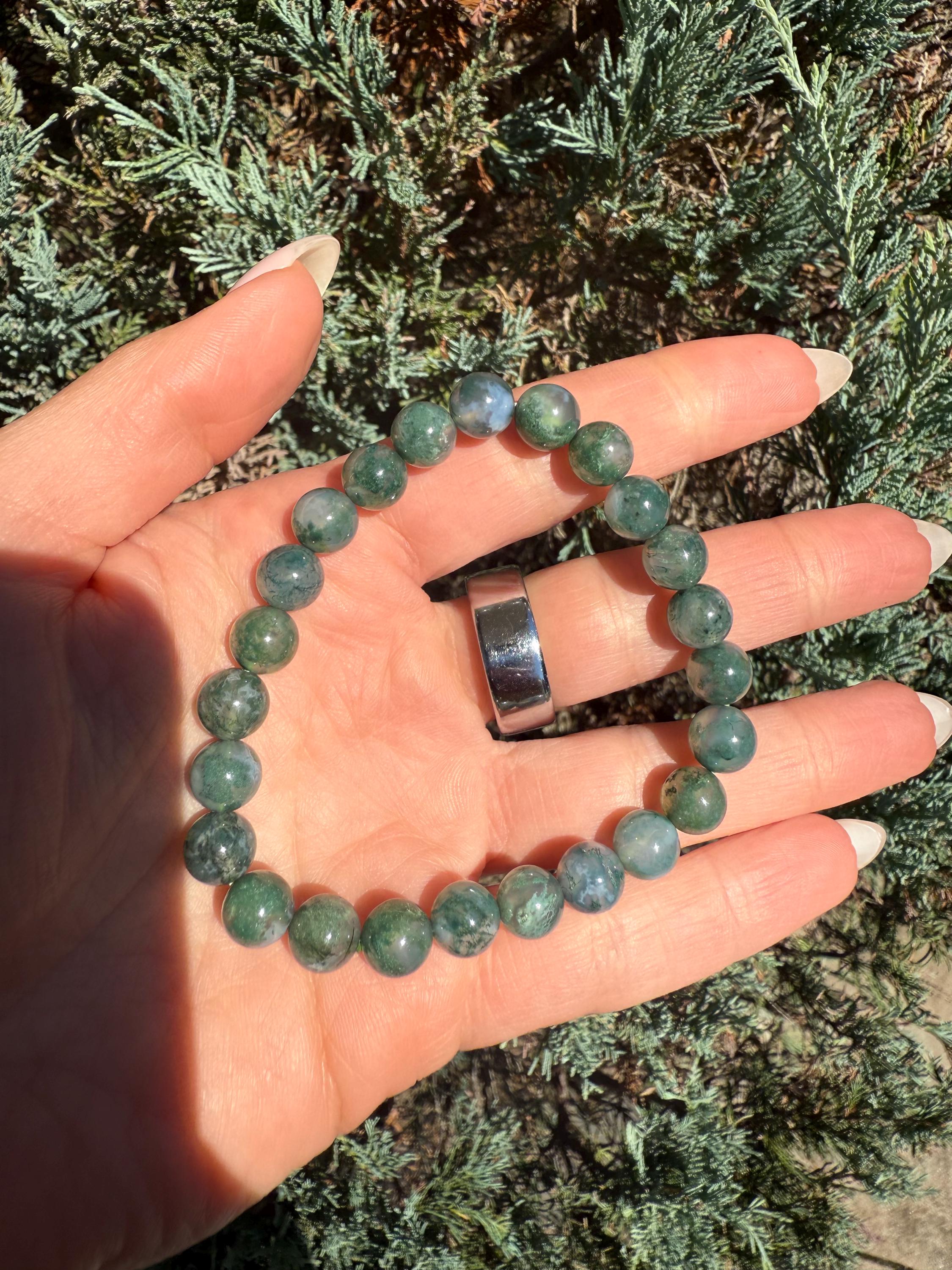 Moss Agate Stretch Beaded Bracelet, Grounding Crystal Healing Jewelry (9mm) 3
