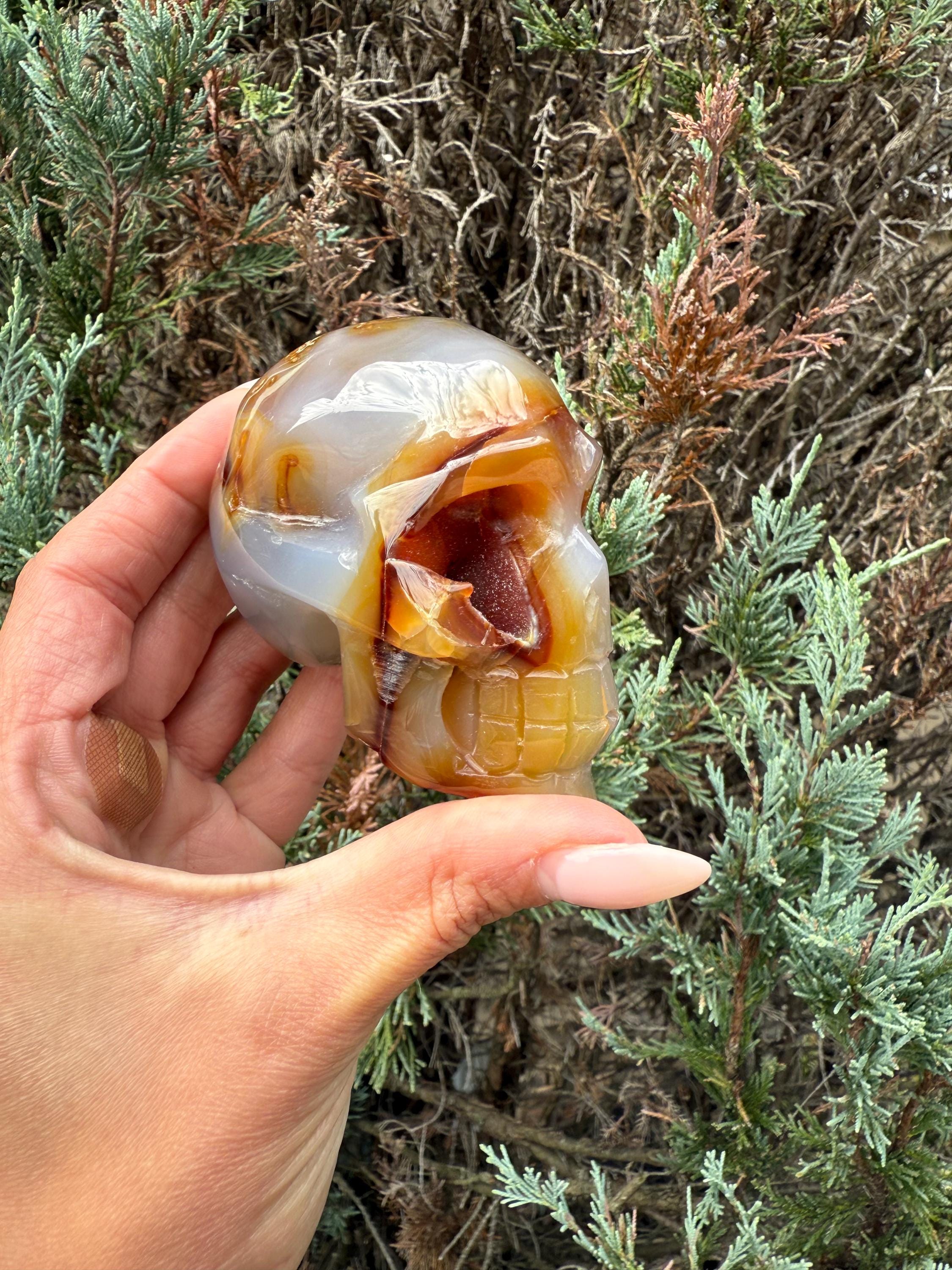 Druzy Carnelian Agate Crystal Skull, Hand Carved Stone, Natural Healing Decor 6