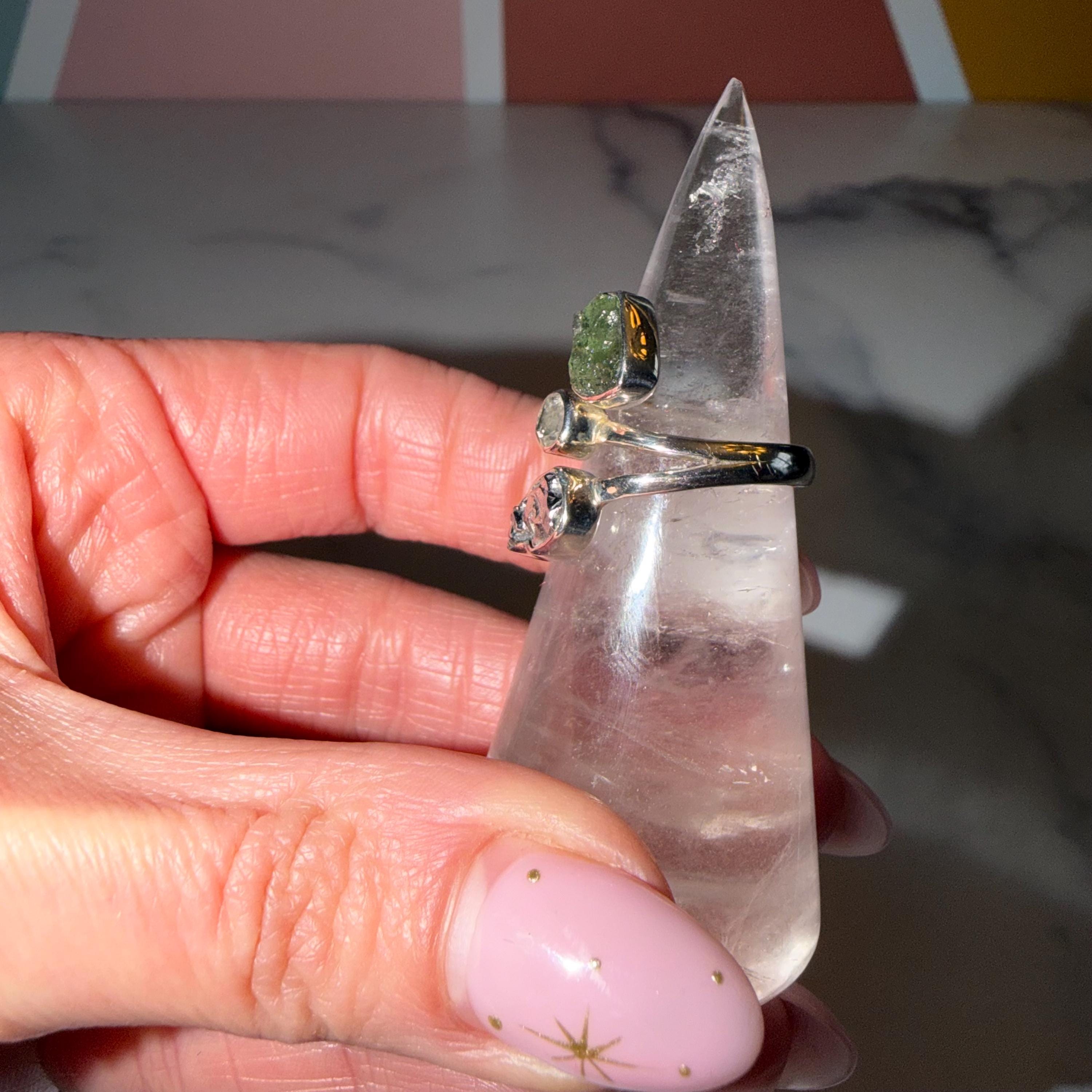 Raw Moldavite, Pakimer Diamond, Meteorite Sterling Silver Ring, Celestial Statement Jewelry (size 6) 4
