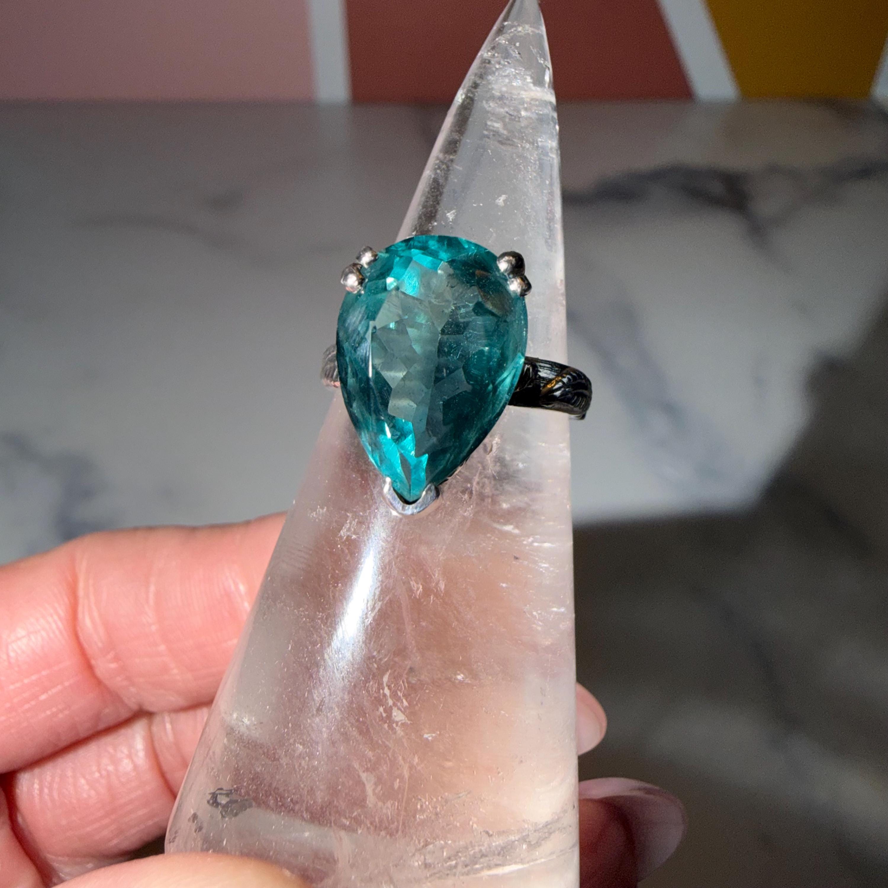 Blue Fluorite Teardrop Ring • Sterling Silver Floral Band • Boho Statement Ring (Size 7) 2