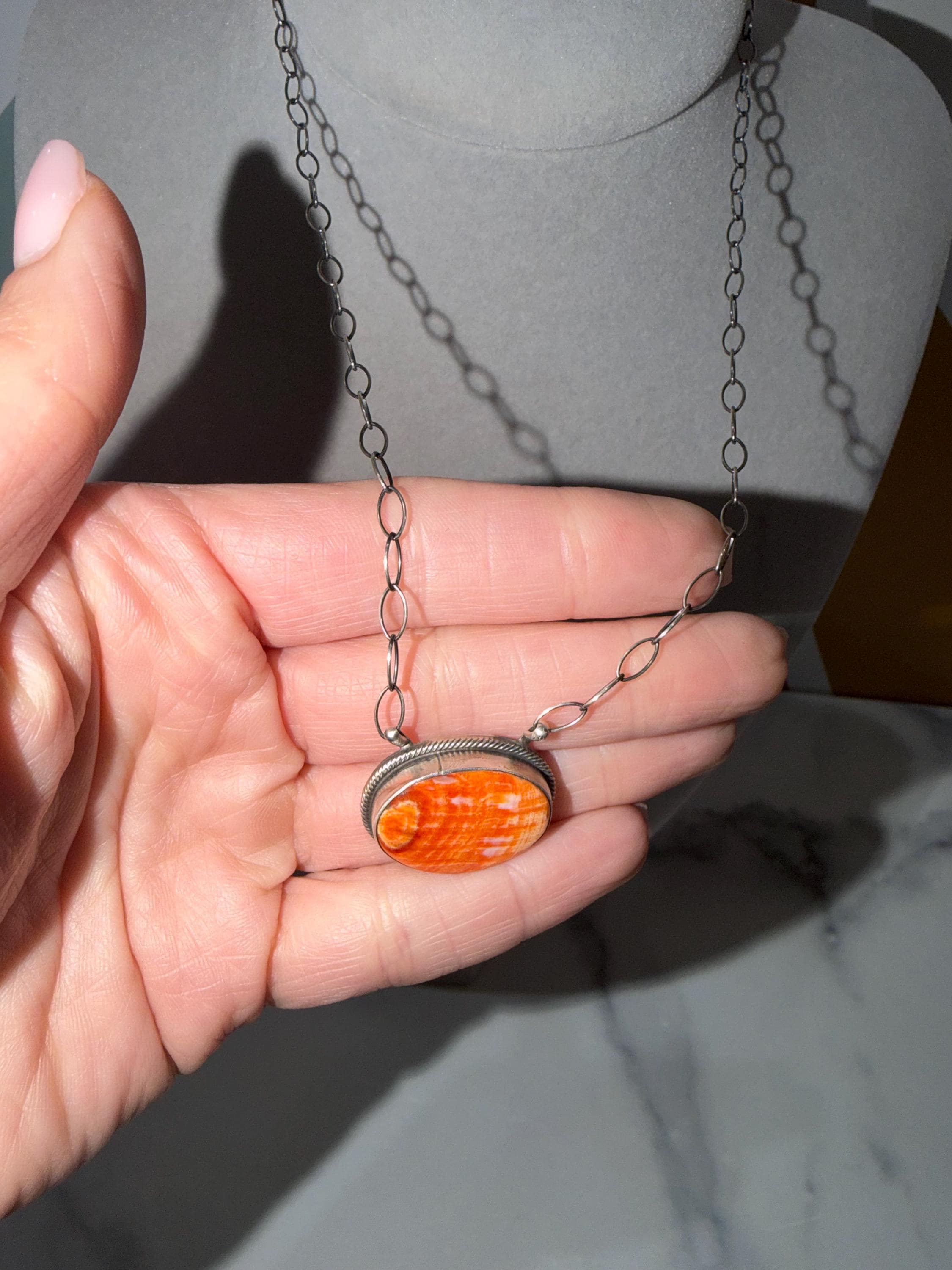 Orange Spiny Oyster Bar Necklace, Sterling Silver, Native Made Am, Southwest Style (19" Chain) 3