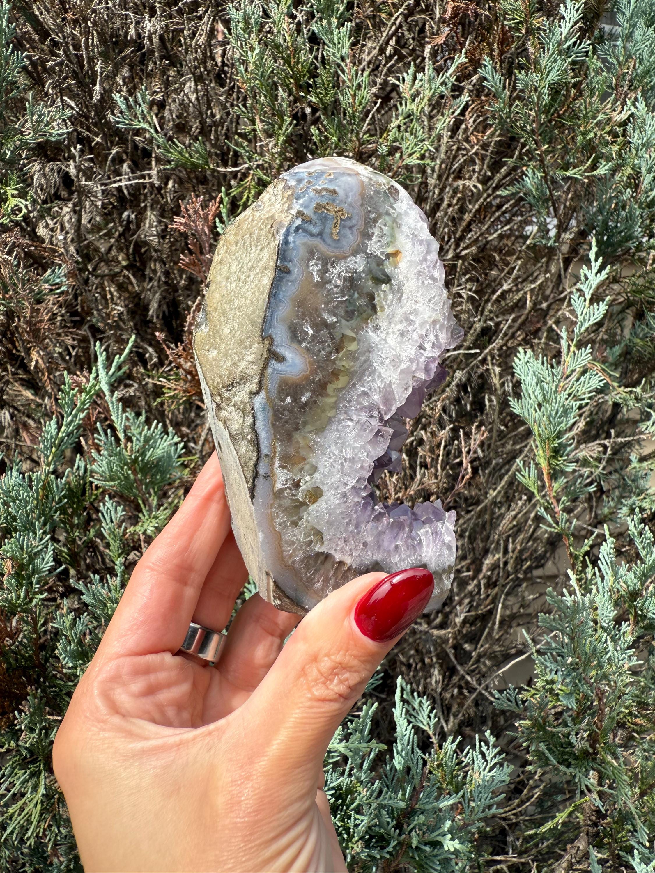 Purple Amethyst & Agate Druzy Cut Base • Banded Crystal Geode • Home Decor • Healing Mineral Specimen 7