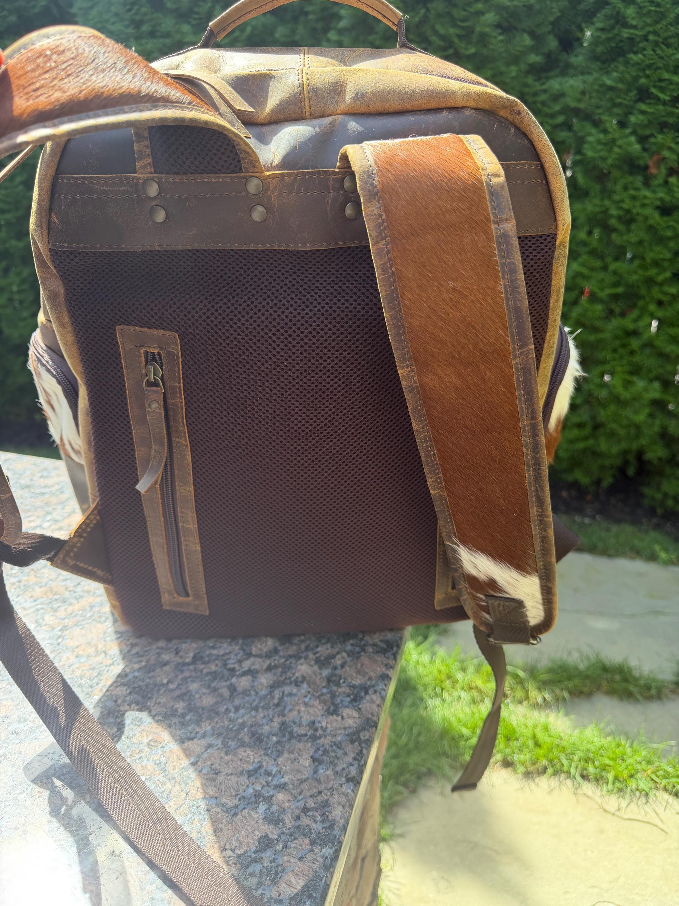Western Cowhide & Leather Backpack – Hair-On Hide Rustic Travel Bag 9